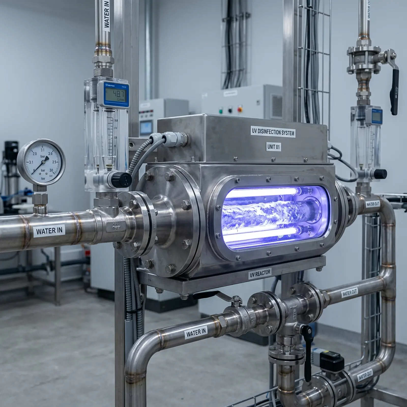 Photorealistic UV reactor chamber with illuminated flow-through water tube and lab-grade fittings