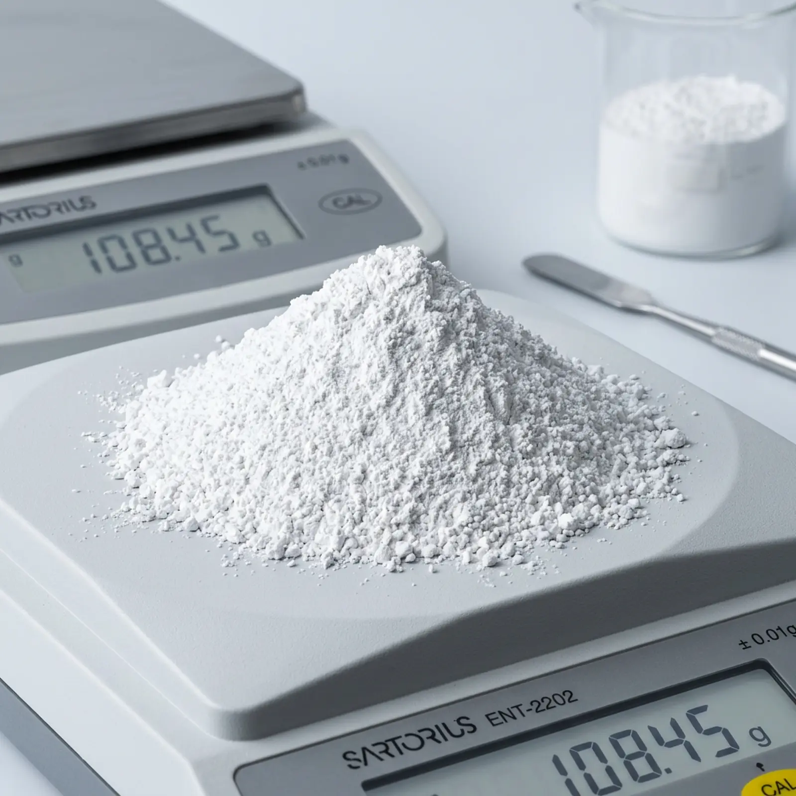 Macro shot of a white pigment powder mound on a clean, cool daylight-lit neutral studio surface.