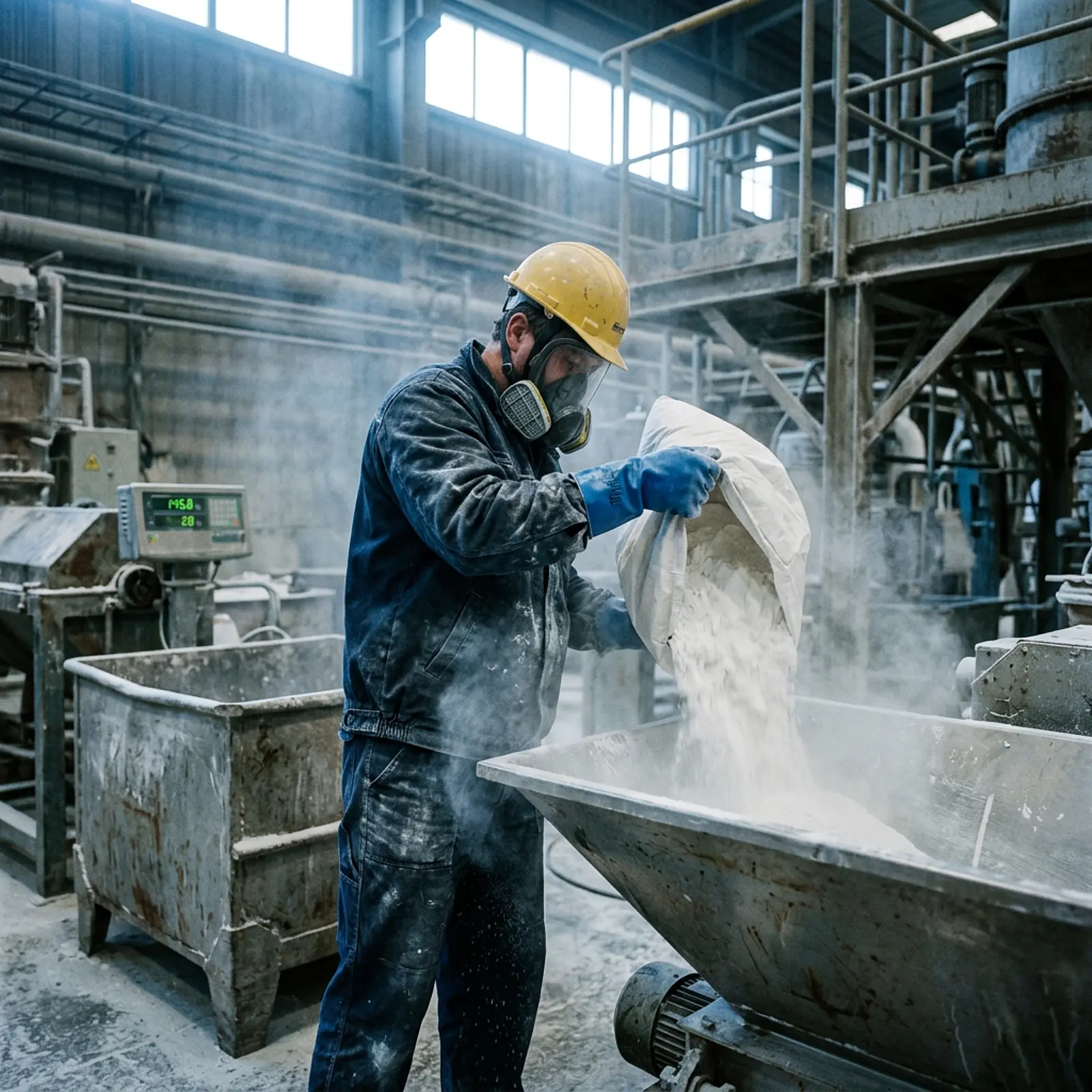 Studio scene with a worker handling titanium dioxide powder; white particles drift.