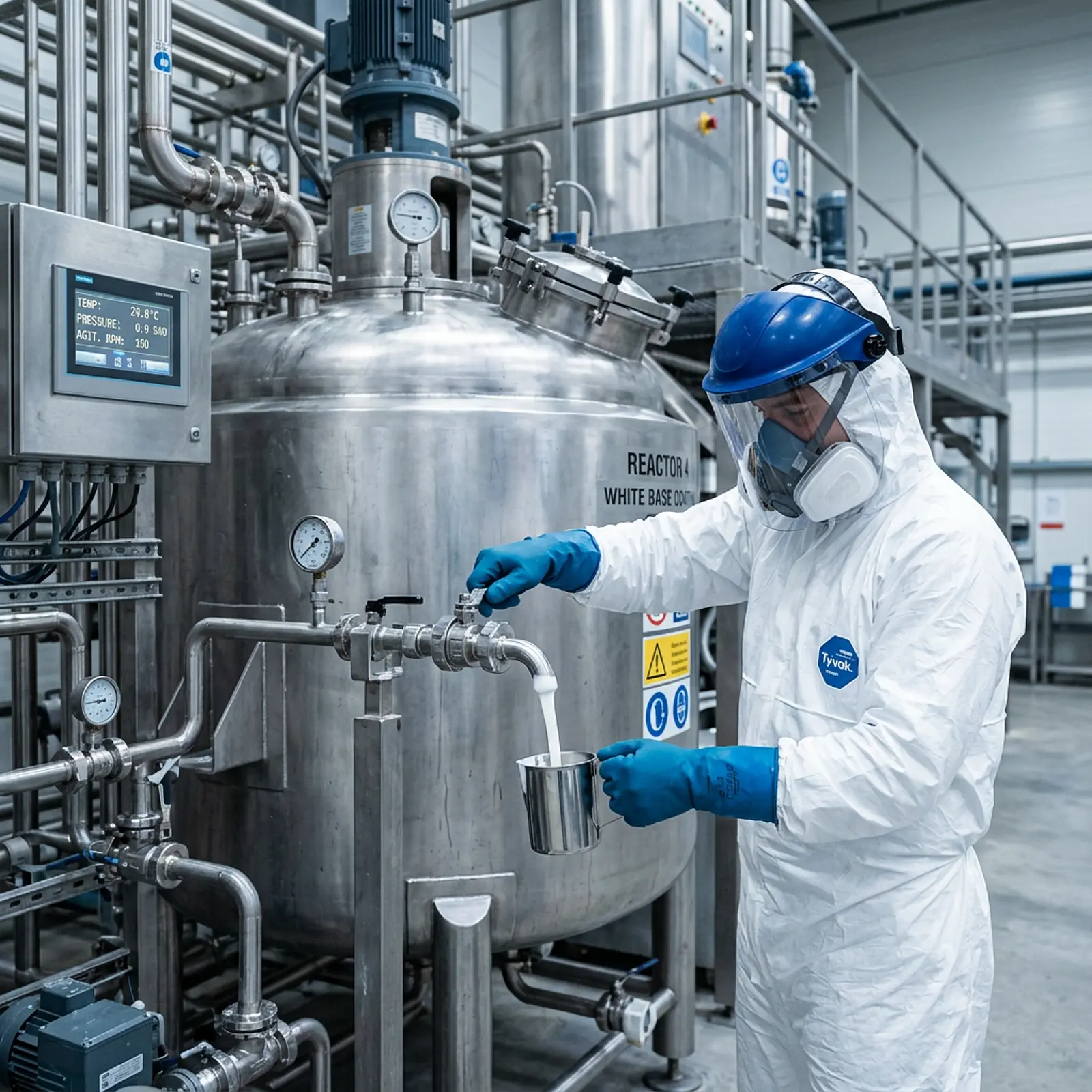 Worker in protective gear samples white paint from an industrial mixing vessel valve in a studio macro setup