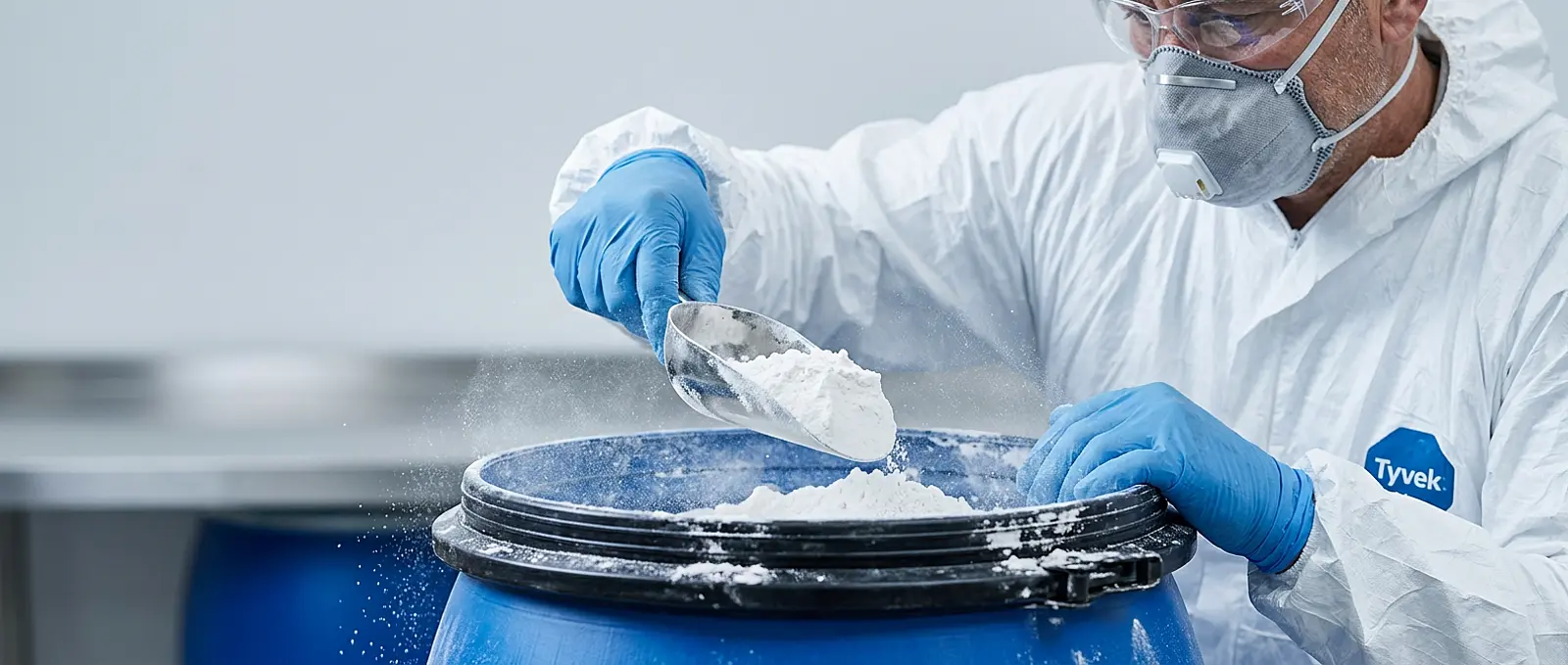 Industrial worker scoops white powder from open drum with fine dust suspended in cool studio light