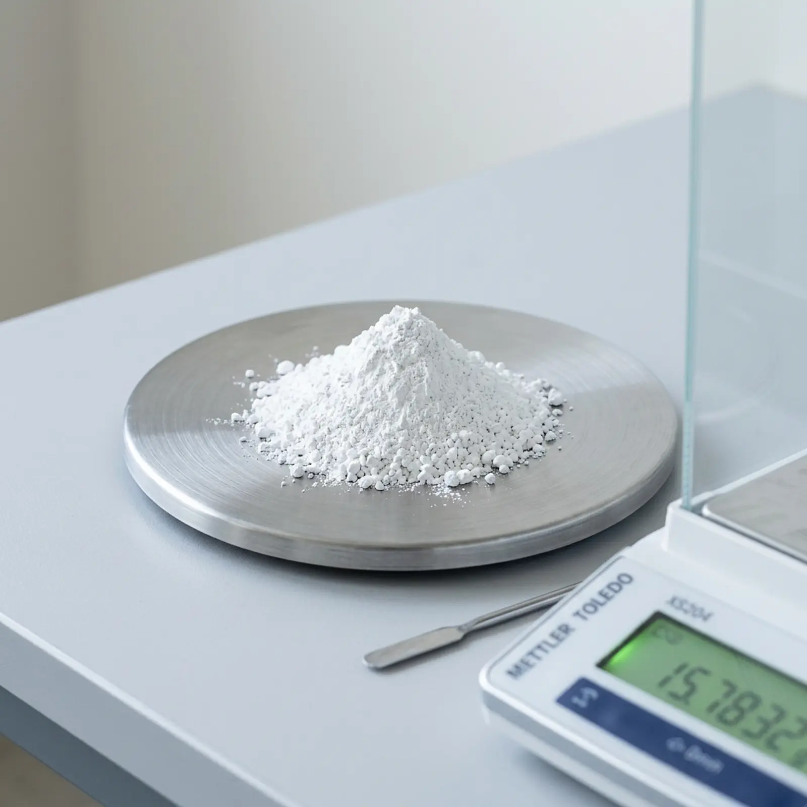Macro shot of white pigment powder granules arranged in a small heap on a neutral studio backdrop.