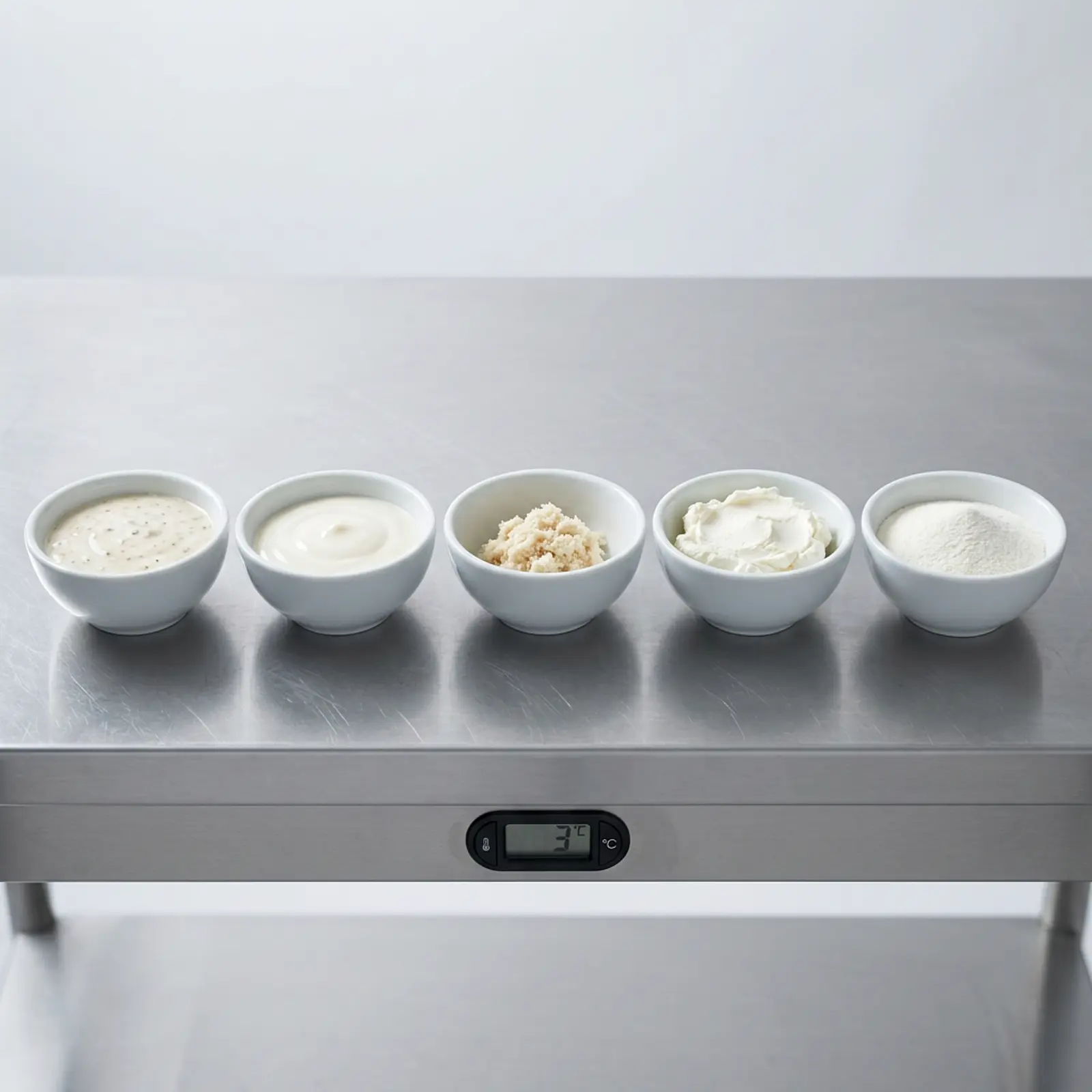 Small bowls of creamy dressings and sauces on a chilled worktop; cool studio setup.