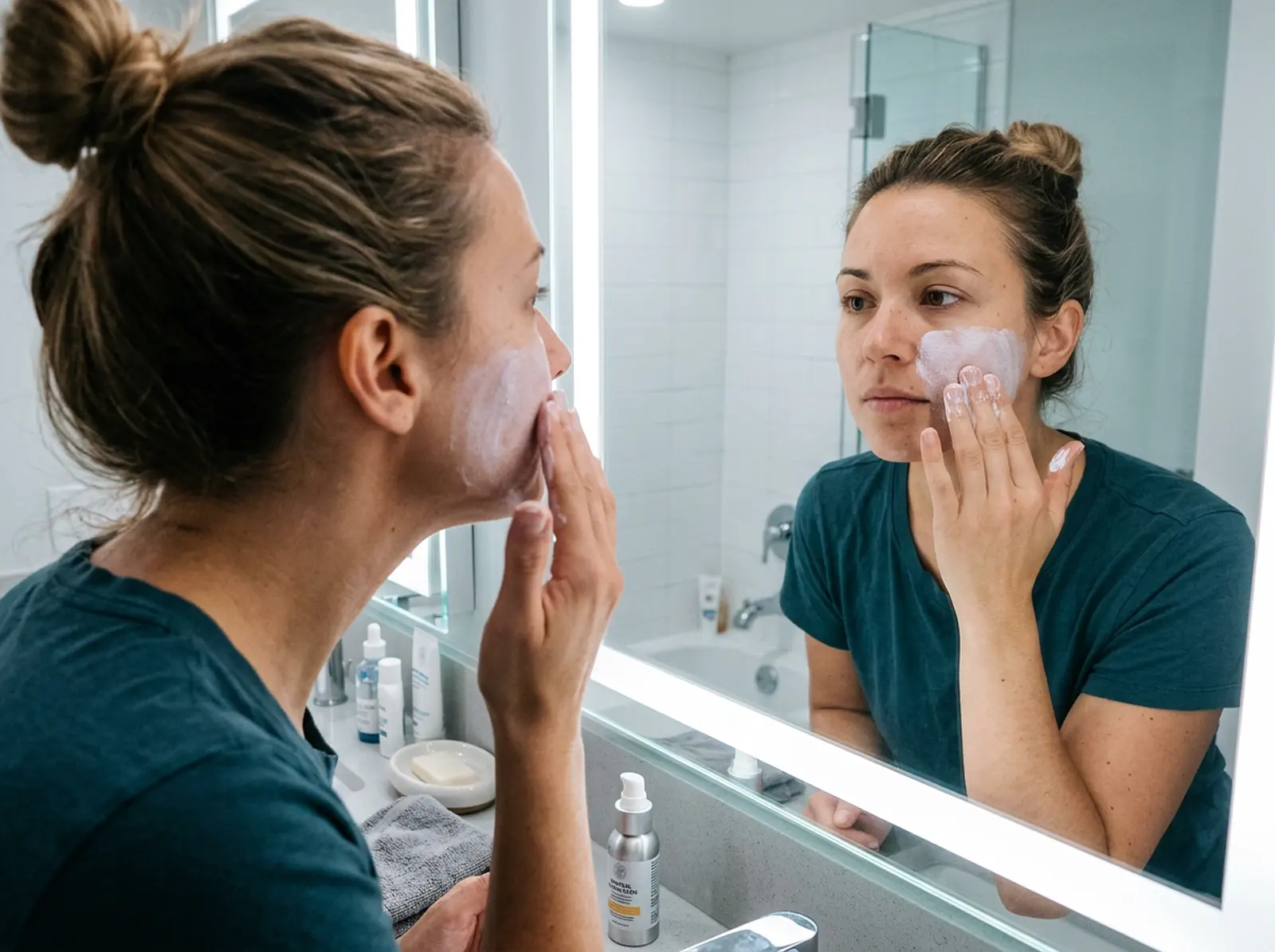 Close-up of a face applying sunscreen in front of a mirror; visible skin contrast