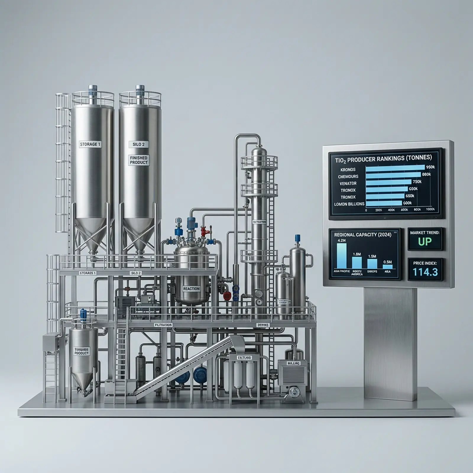 Photorealistic TiO2 plant with silos beside a producer rankings dashboard and regional capacity.