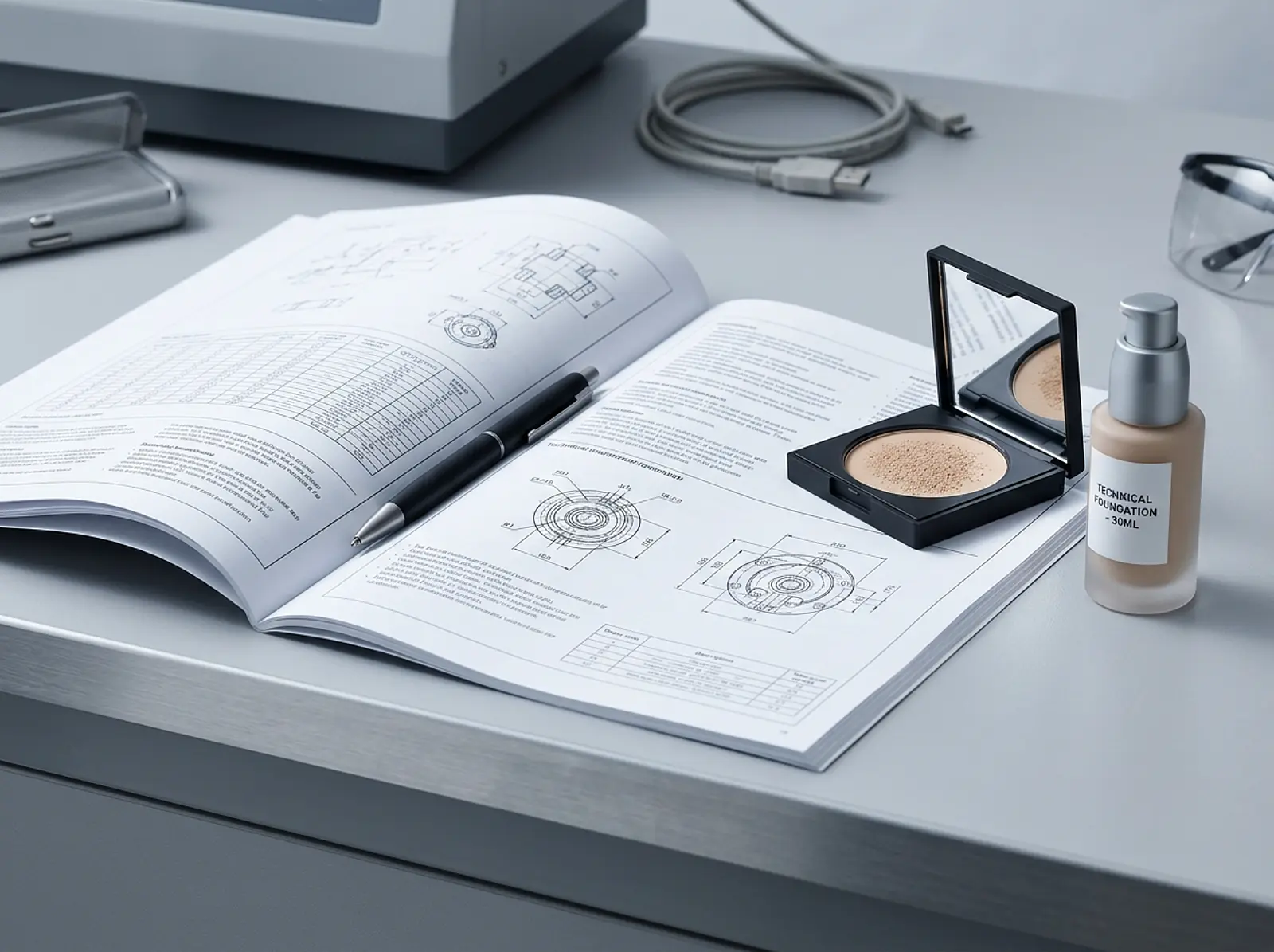 Technical document in a studio setting next to a pressed powder compact and foundation bottle on a table with a pen