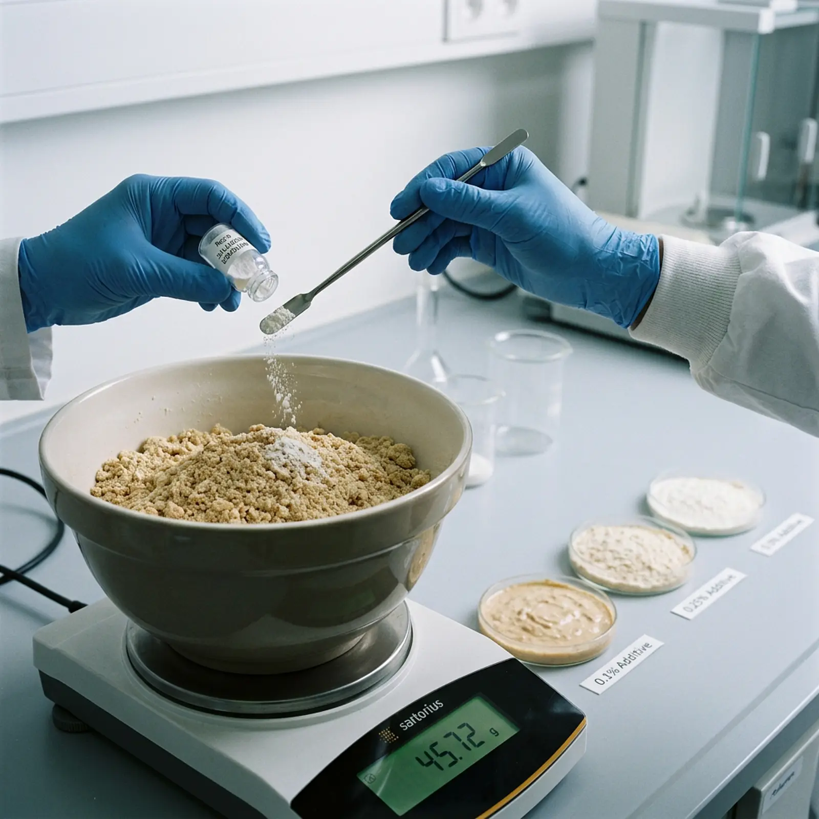 Macro shot in laboratory setting: lab worker weighs fine white powder into a larger mixing bowl.