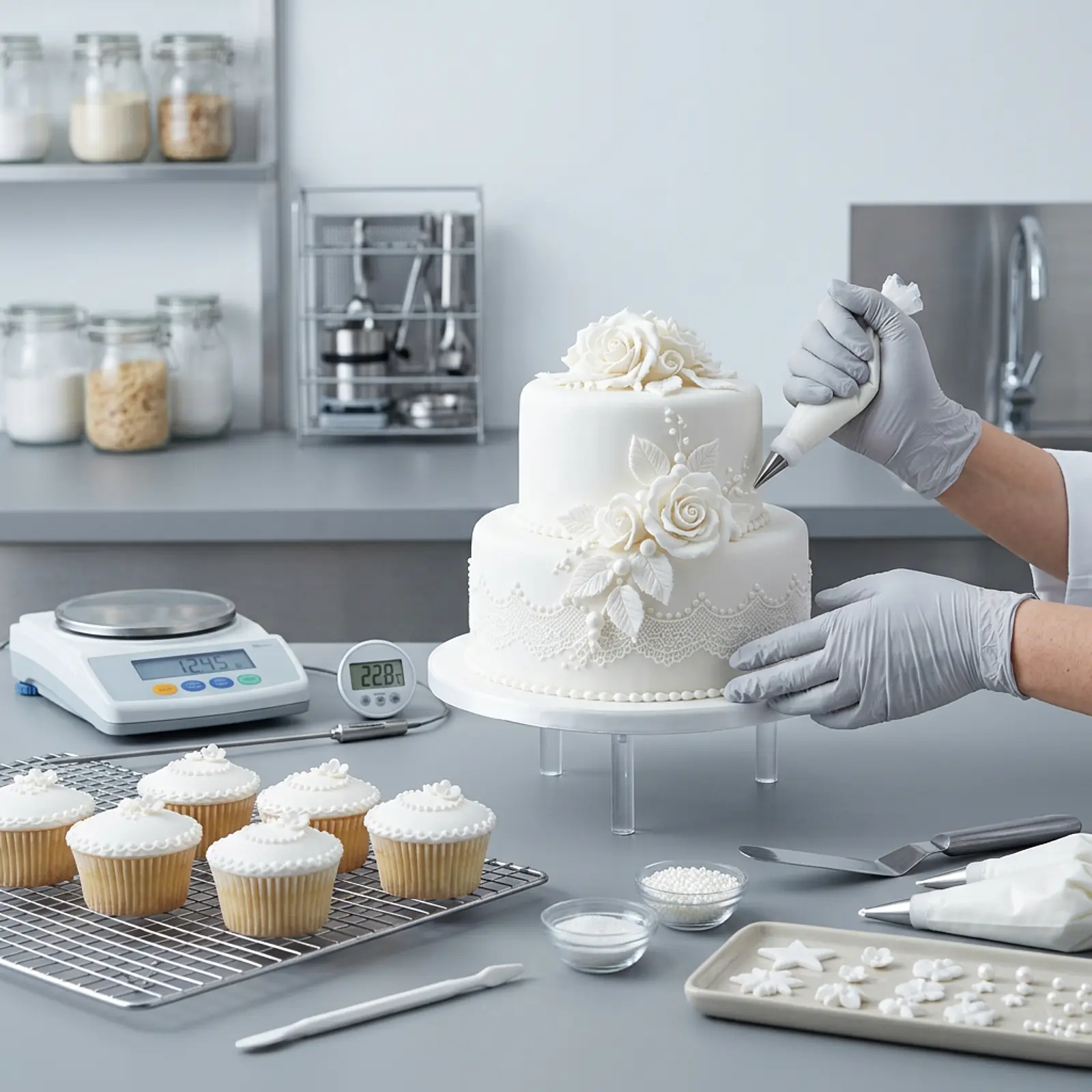 Macro shot of cupcakes and cakes with white fondant and sugar decoration, cool studio lighting.
