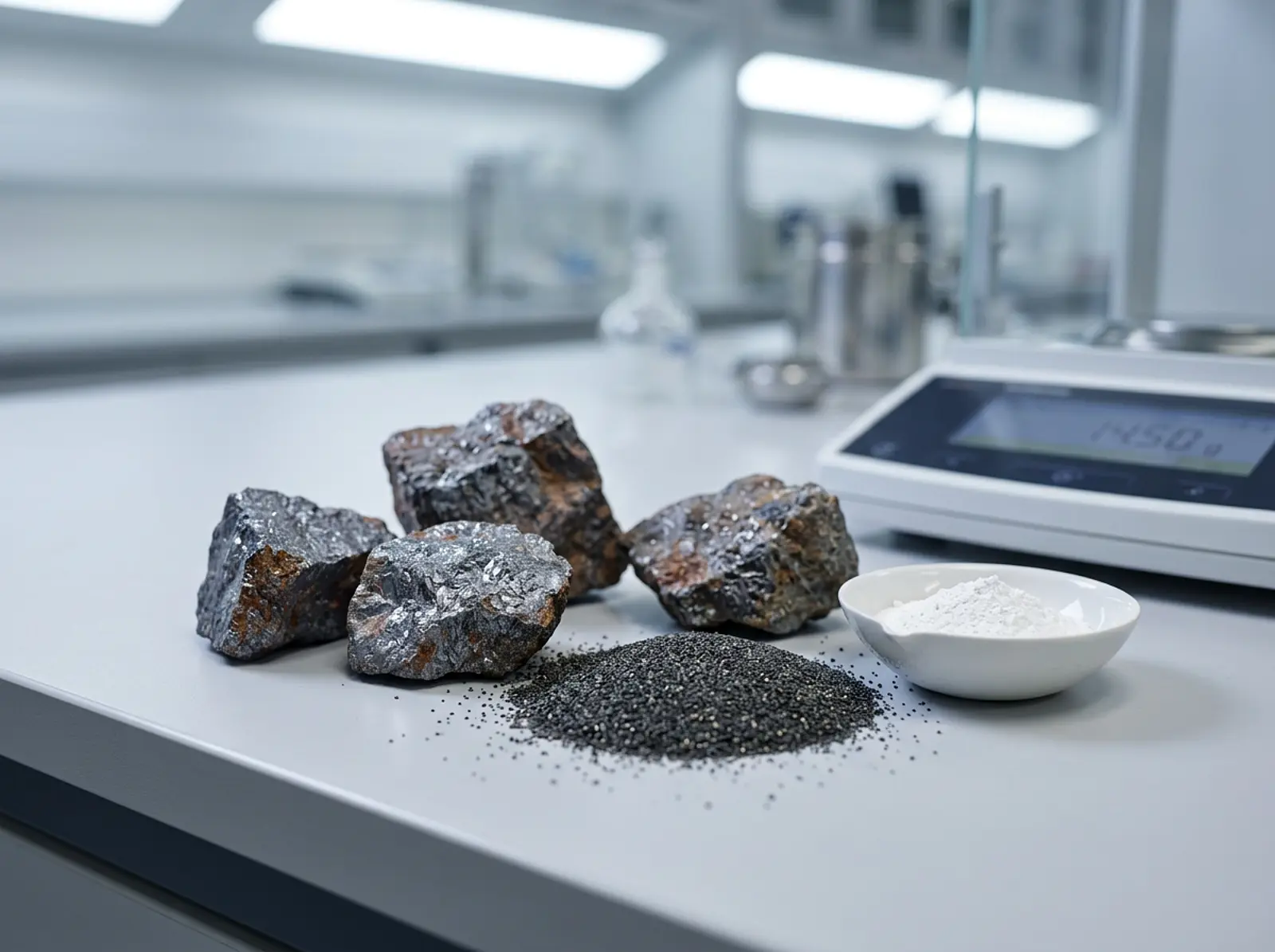 Laboratory studio shot: titanium-bearing rocks, black minerals, and fine white powder in a dish.