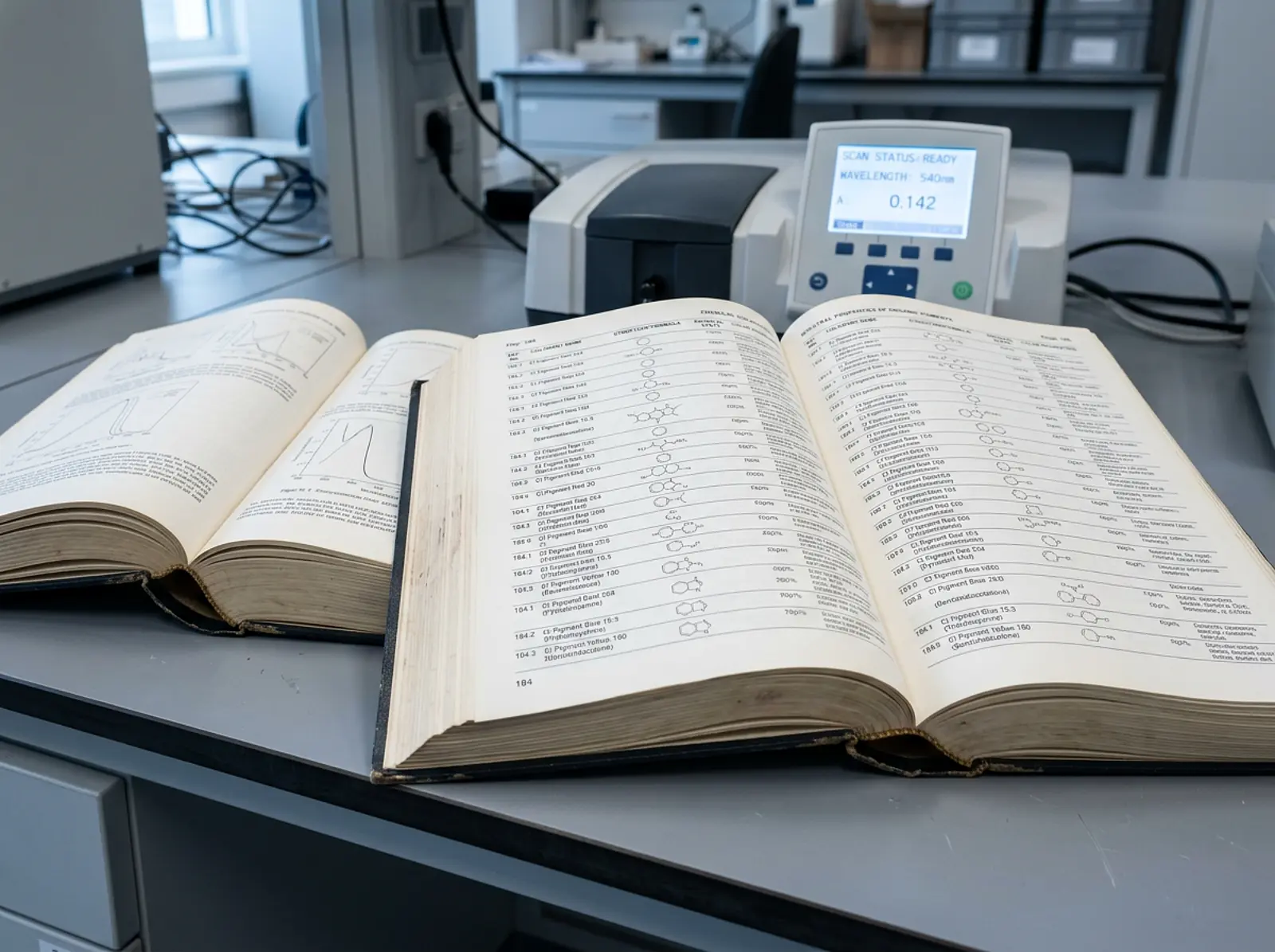 Two thick reference books open to numbered colorant entries on a desk.