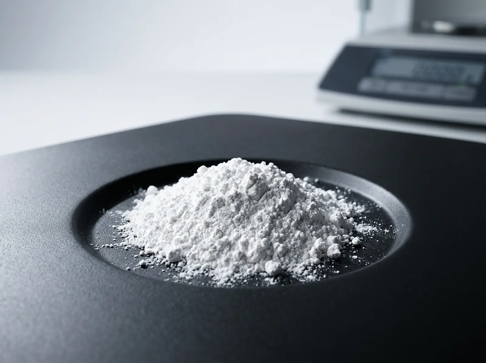 Extreme close-up of white titanium dioxide powder on a lab tray under focused light