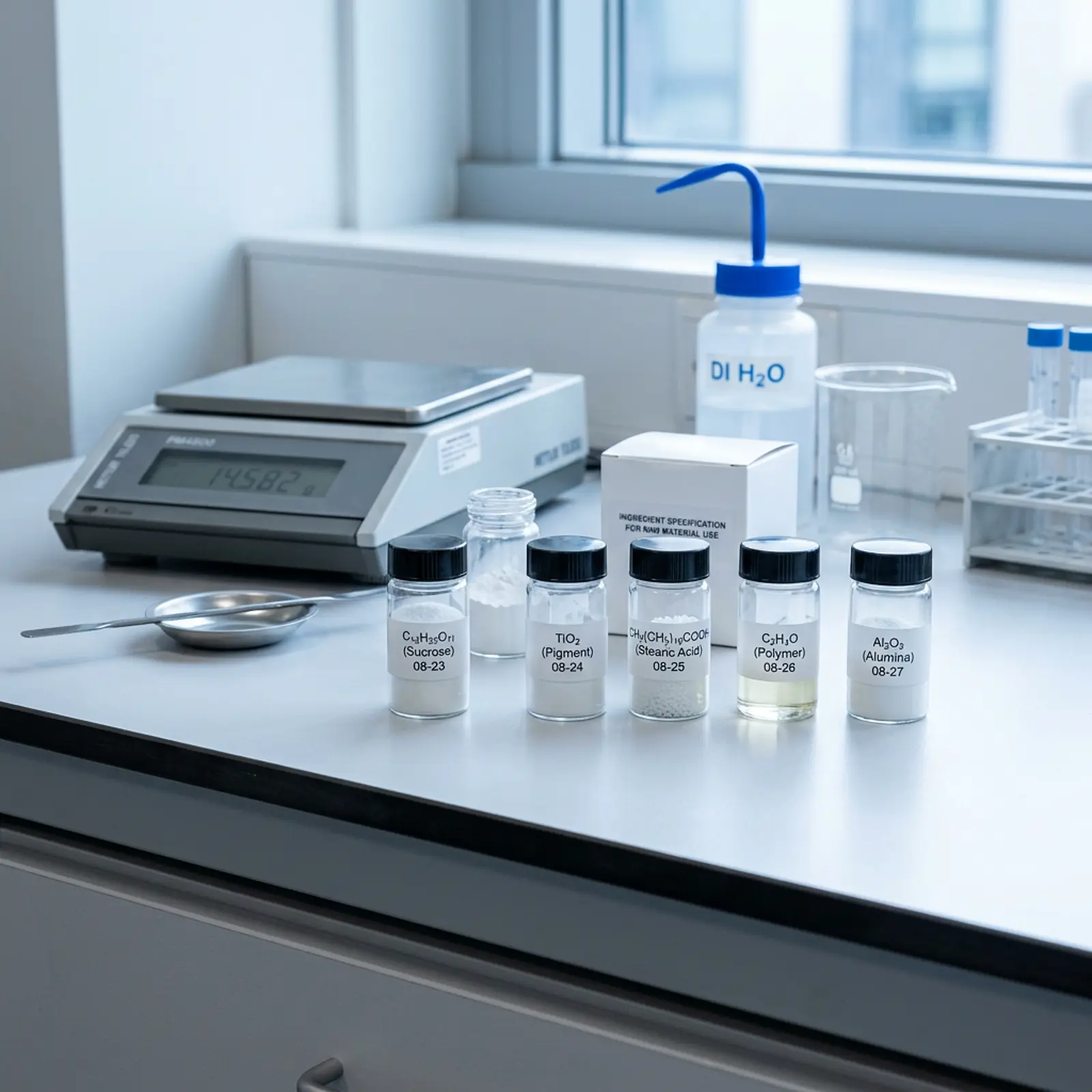 Lab bench with sample containers labeled with chemical abbreviations, white pigment sample, packaging turned away.