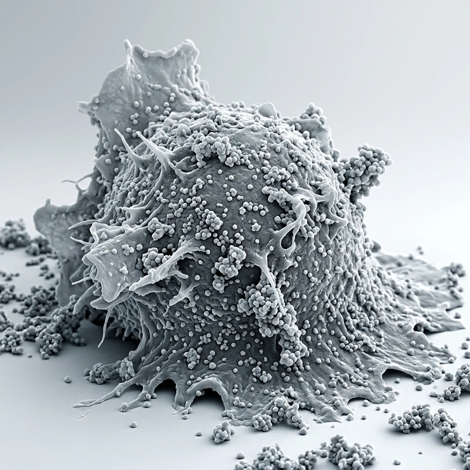 Nano-sized titanium dioxide particles interacting with a human cell in a clean studio.