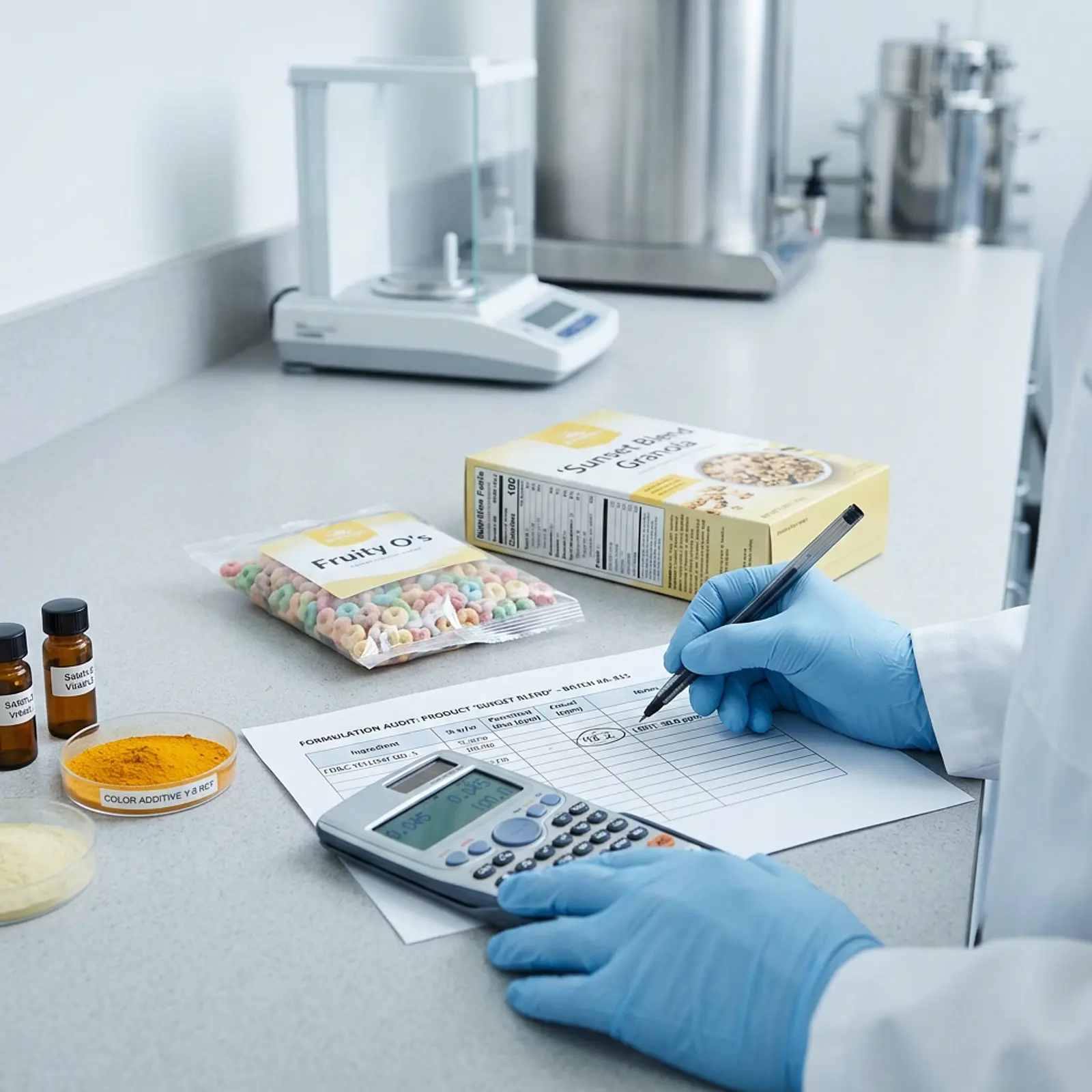 Compliance manager reviewing colorant quantities next to formulation documents and packaging.