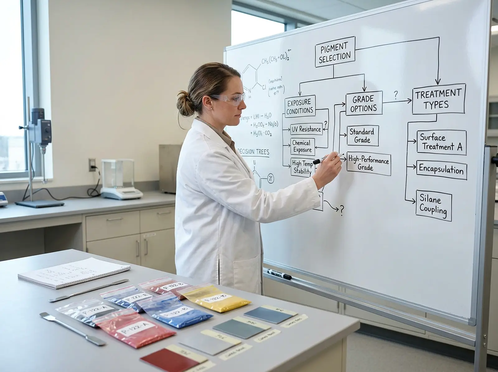 Formulation engineer at whiteboard with exposure and treatment flowchart, macro studio lighting, clean lab tools