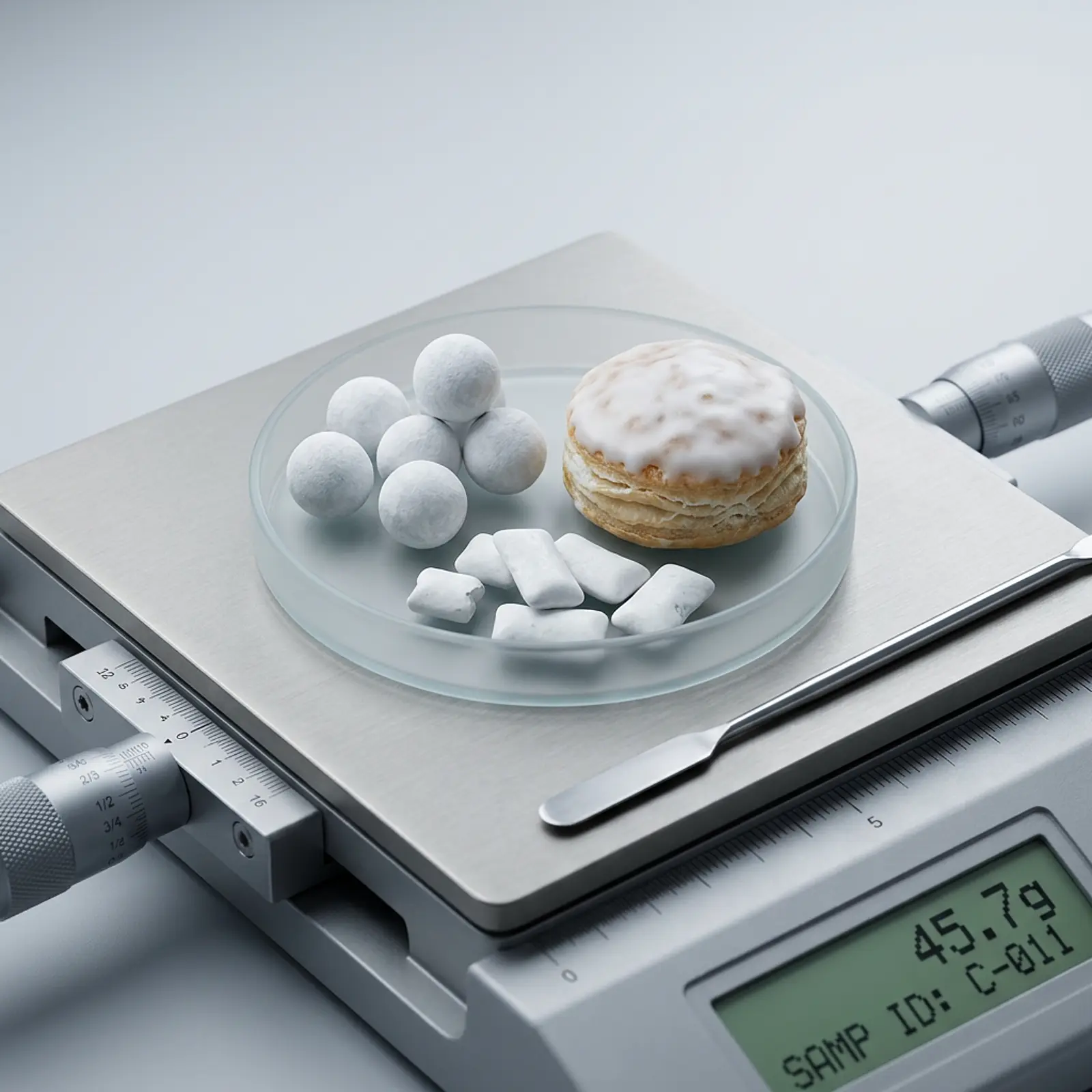 Macro shot of white-coated candies, pieces of chewing gum, and glazed pastries on a plate.
