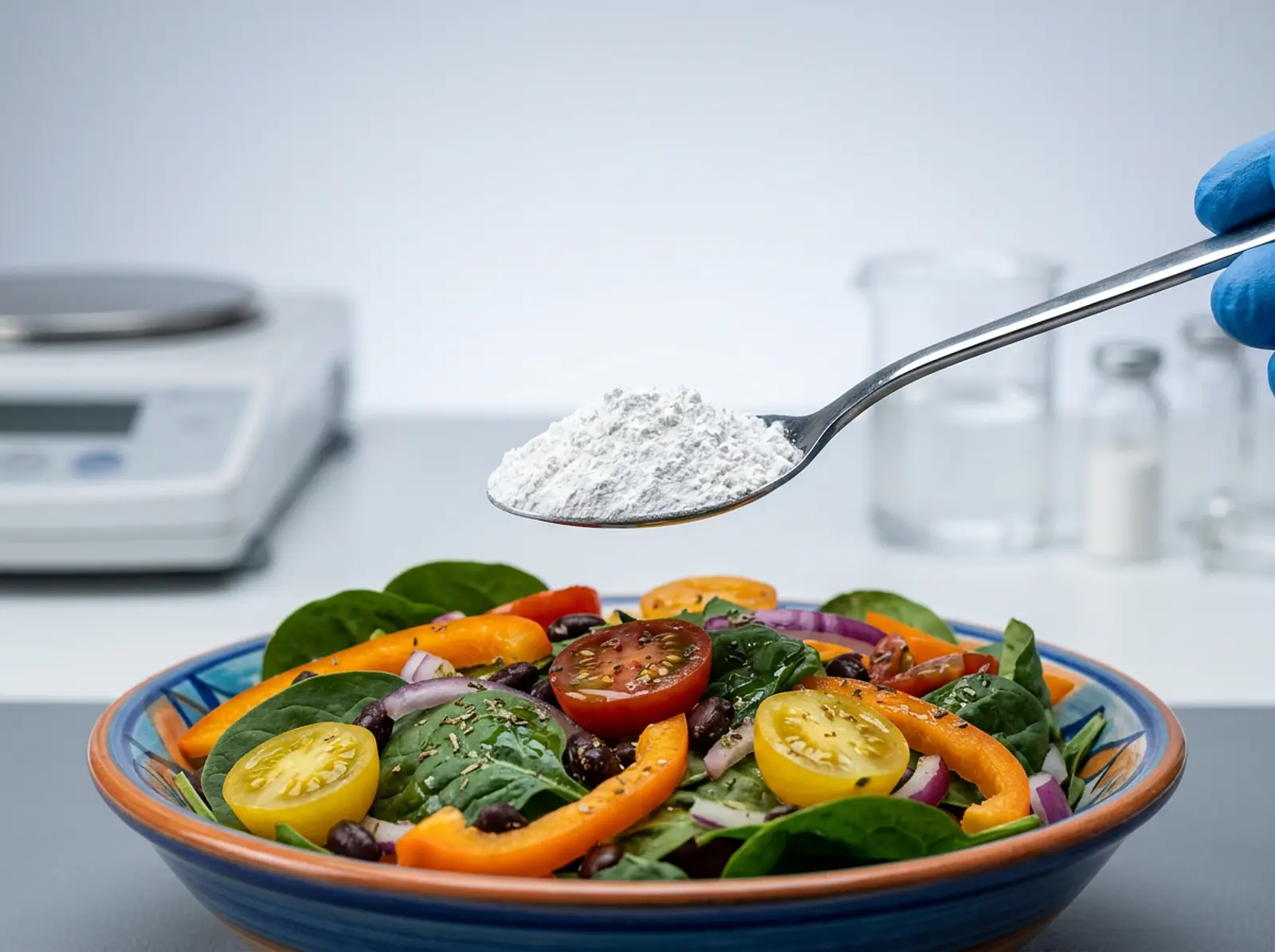 Macro shot of white powder on a spoon over a colorful plate of food, titanium dioxide additive.