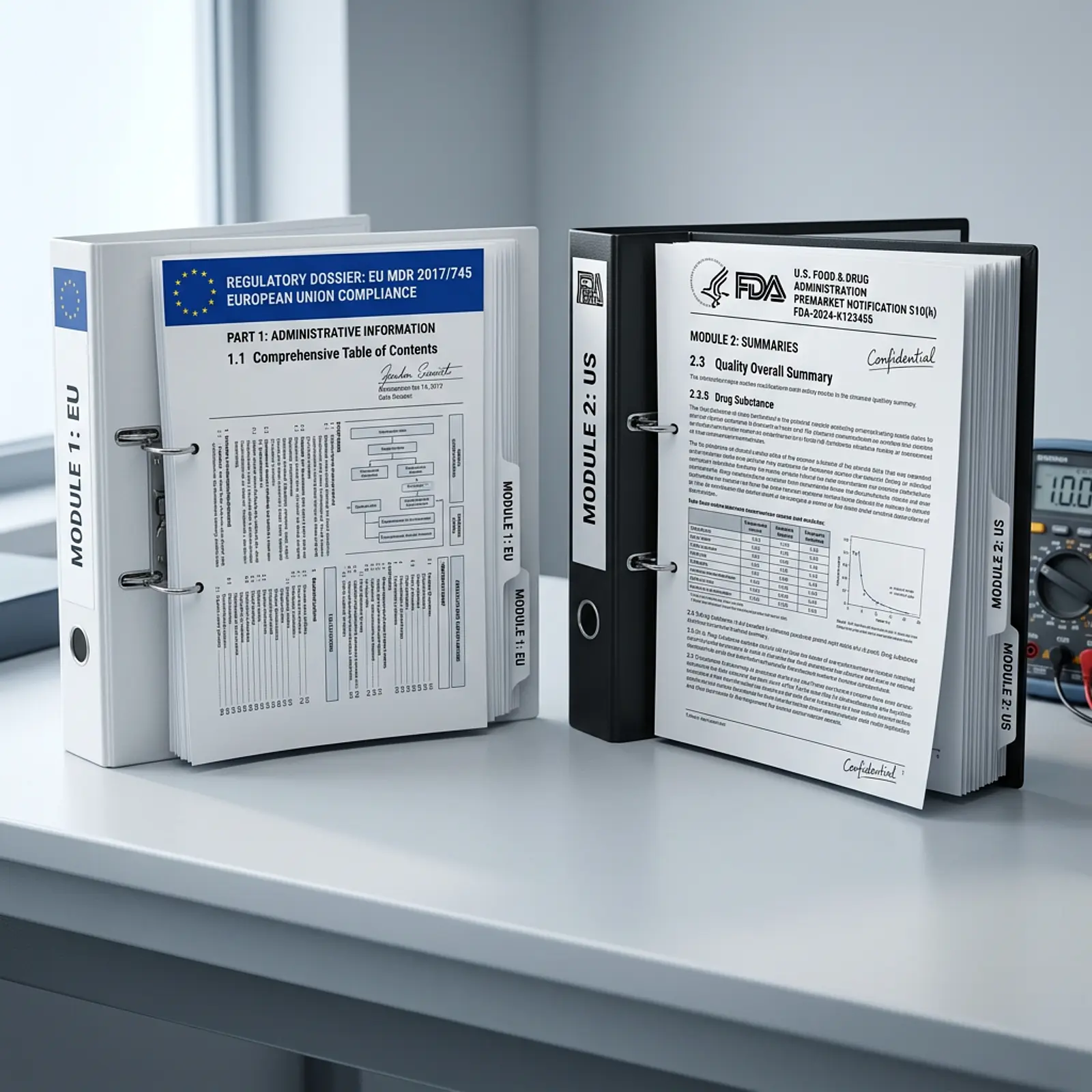 Open EU regulatory binders on a clean studio desk, sharp macro photorealistic details, no people
