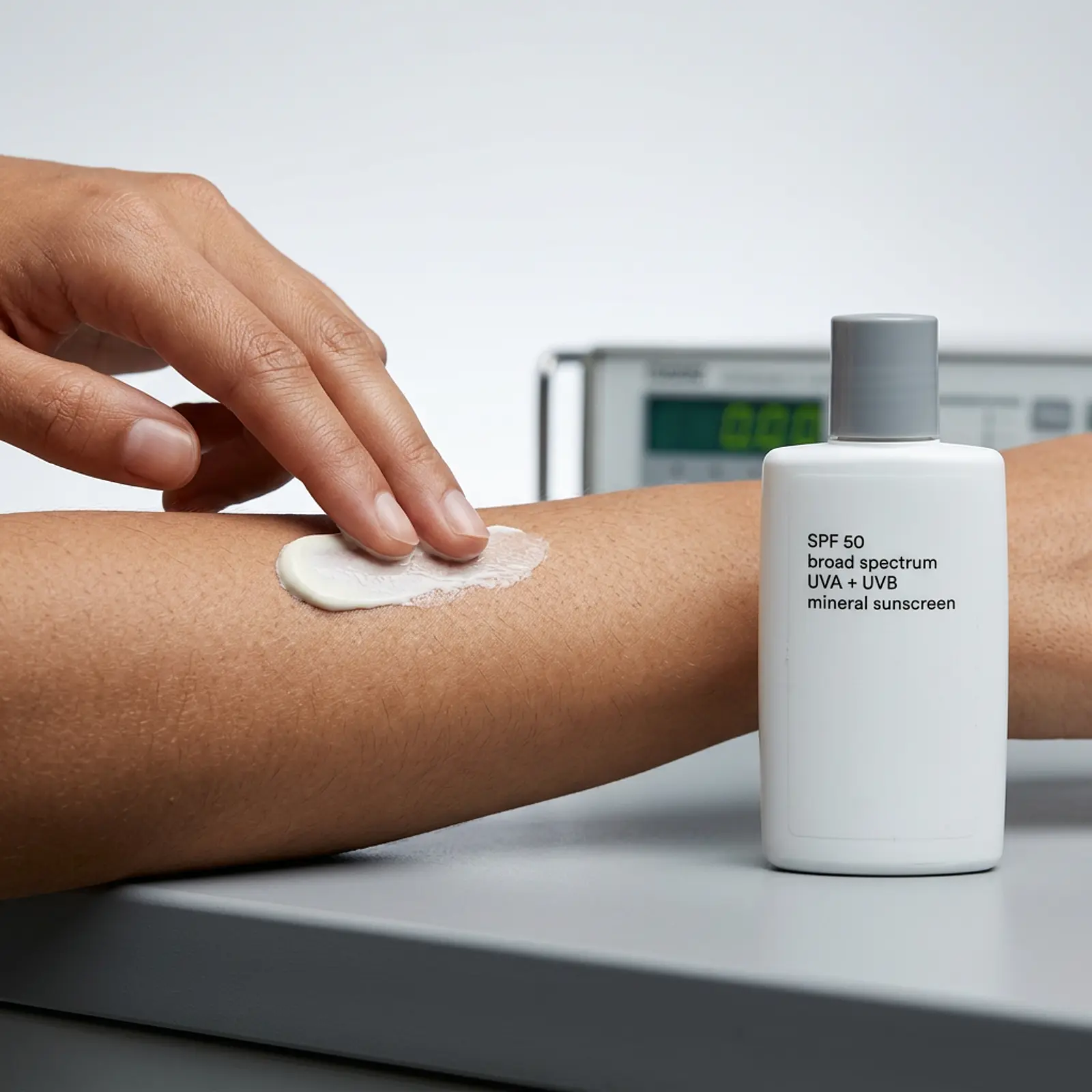 Sunscreen bottle beside forearm on a neutral white-grey background in a clean macro studio shot.