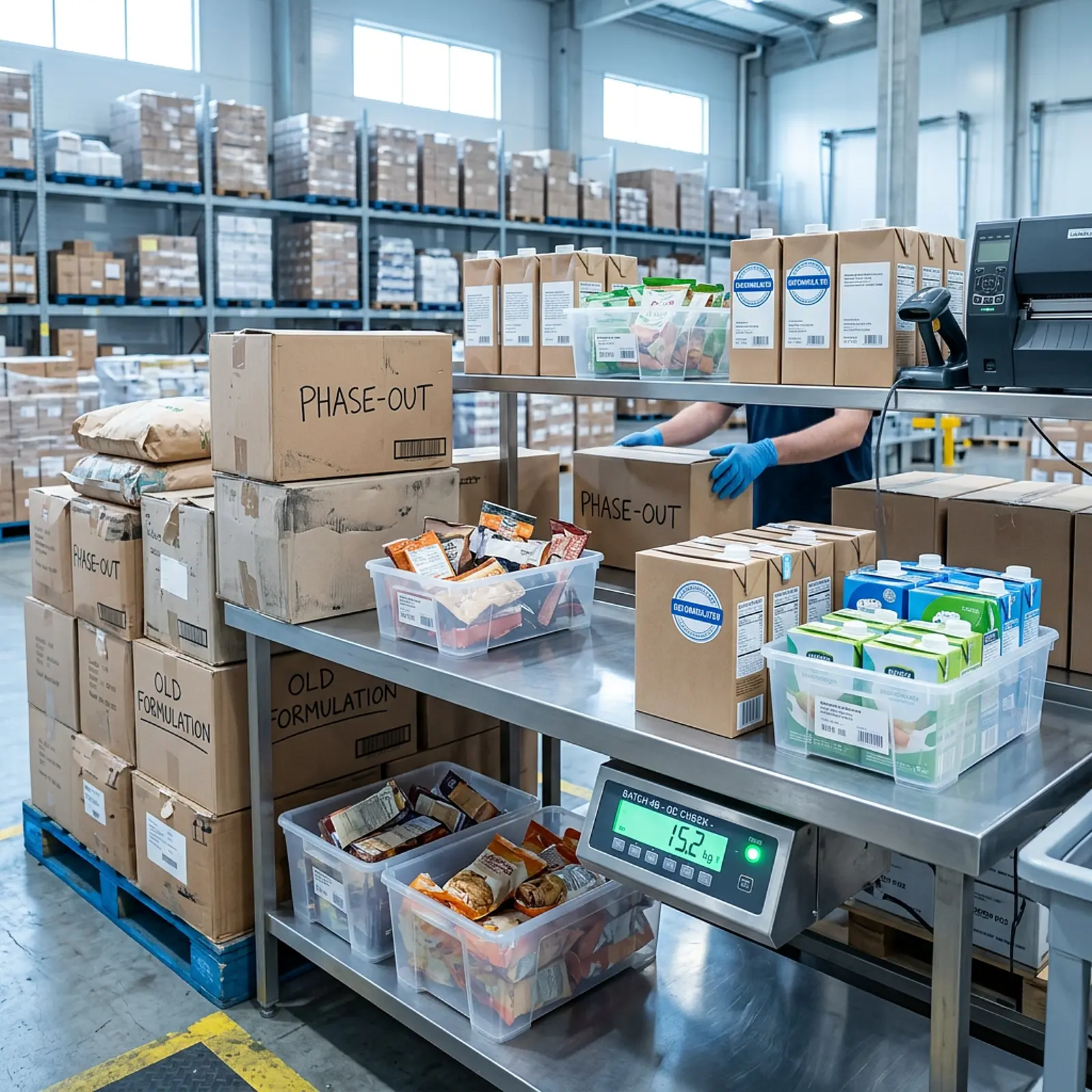 Studio shot: pallets and boxes showing the transition from old to newly reformulated food products.