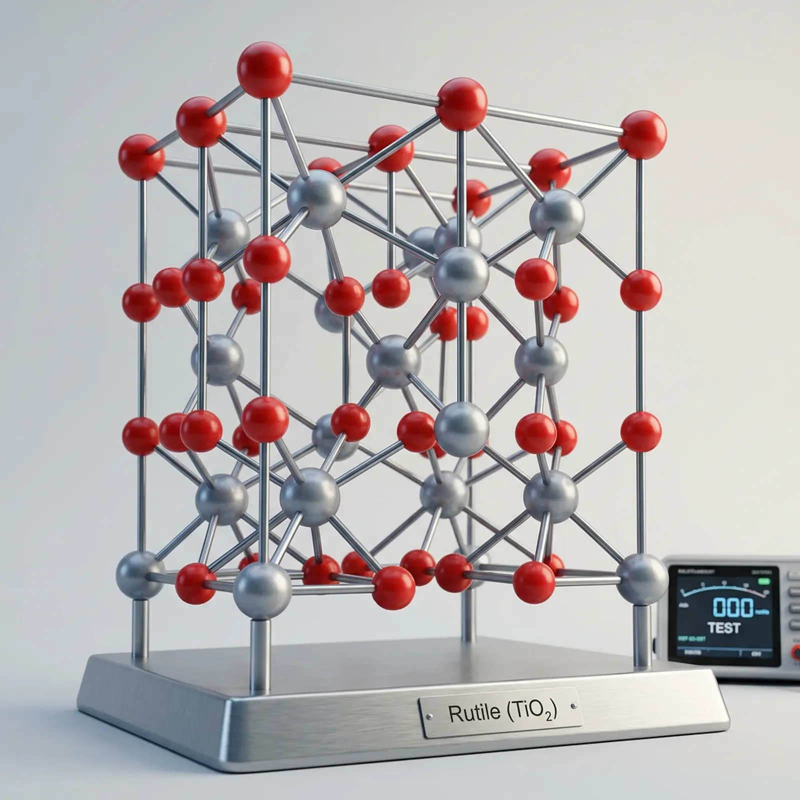 Macro shot of a TiO2 crystal lattice with Ti and O atoms in a clean studio.