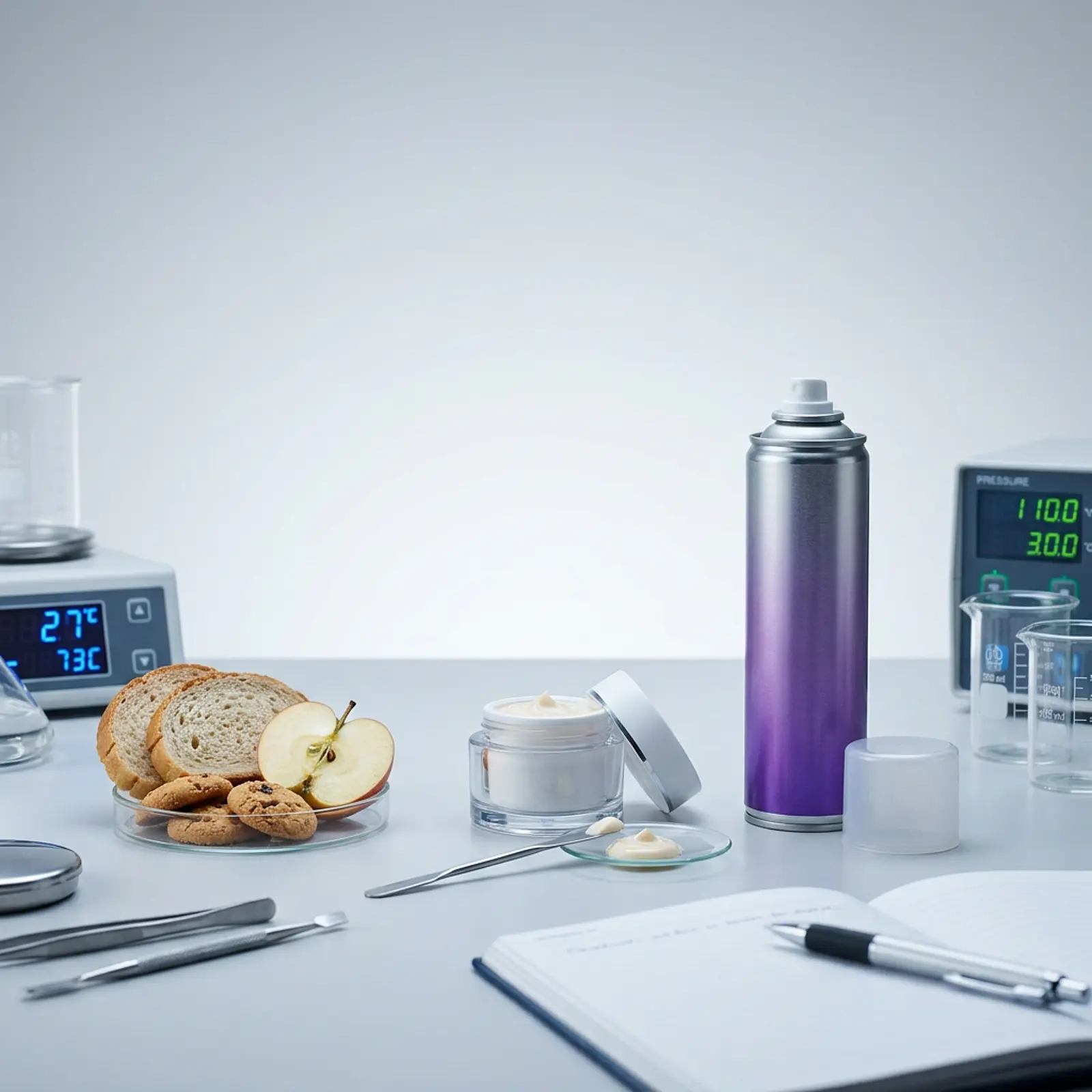 Clinical studio shot: food samples, face cream, aerosol on a work table.