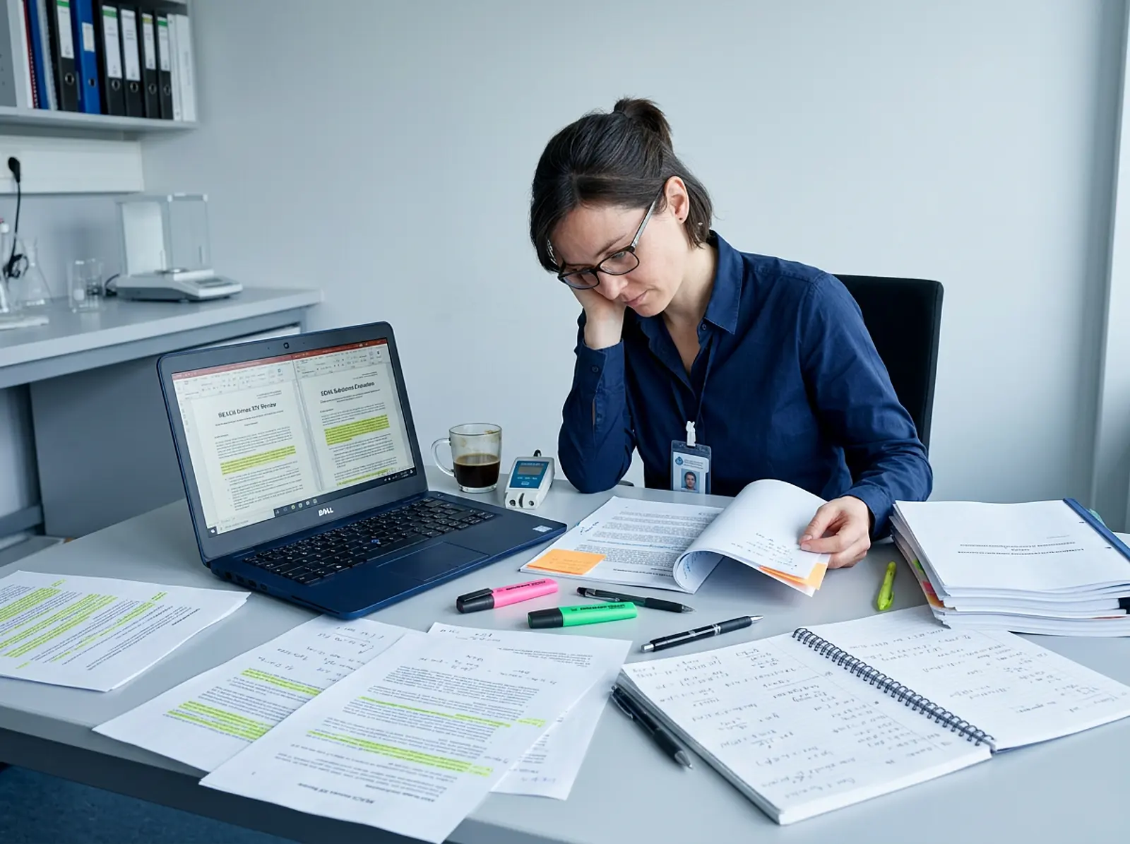 Clean studio shot: person at a desk with a laptop, scientific documents and notes.