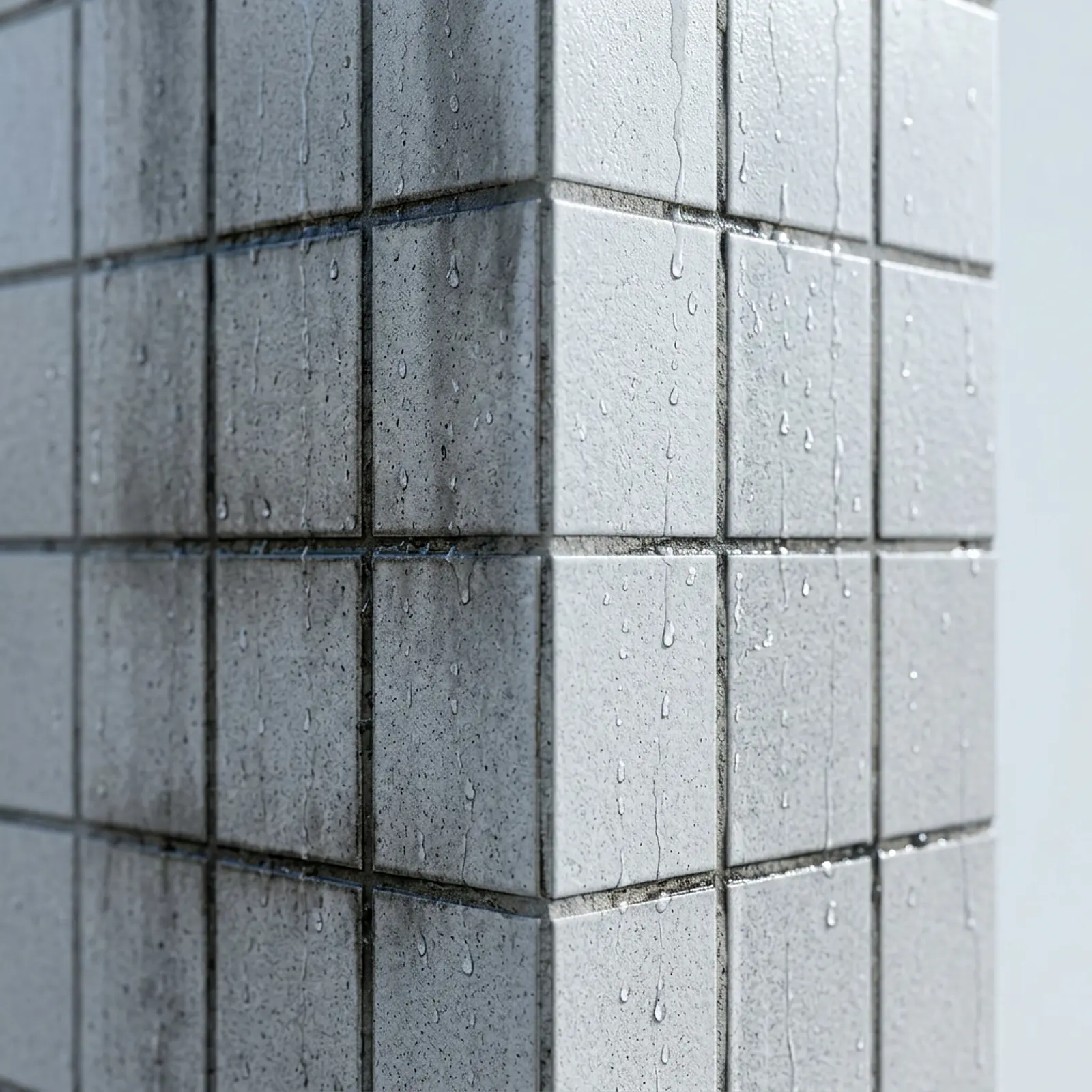 Exterior building tiles with rain washing away dirt, revealing a bright, clean surface underneath.