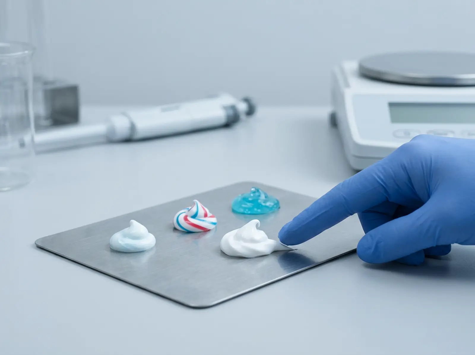 Three toothpaste samples: white paste, striped paste, clear gel; a hand points to the white paste.