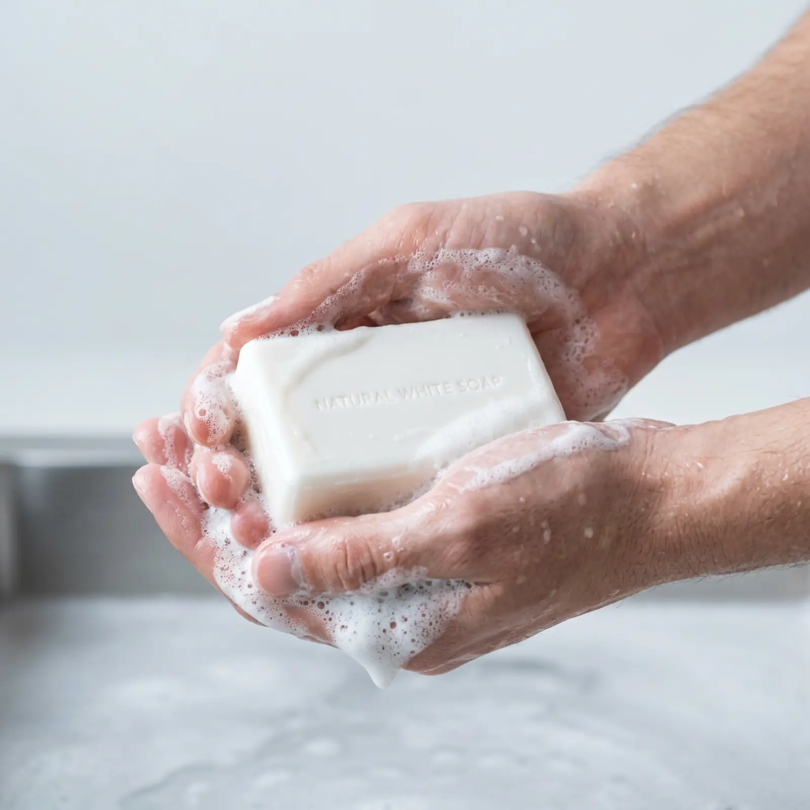 Macro shot of a white soap, creamy lather on wet hands, smooth surface.