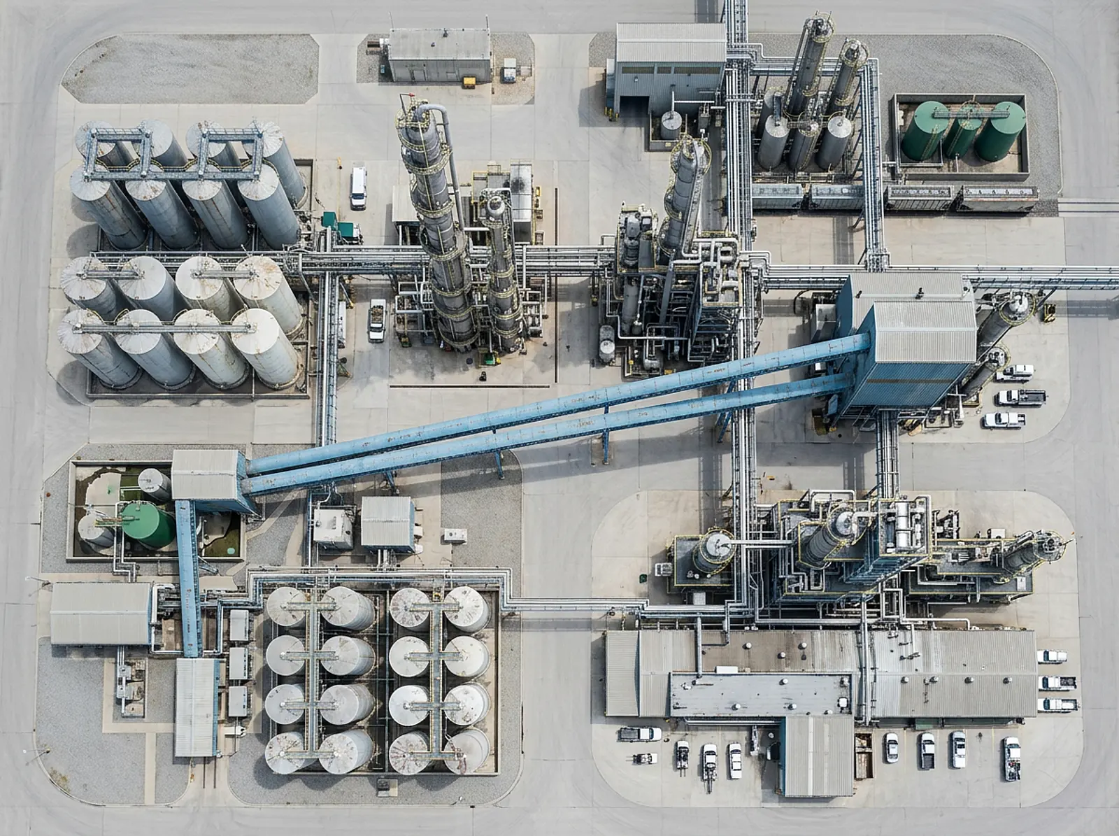 Aerial view of a large chemical plant with storage silos, reactor towers, and conveyor systems