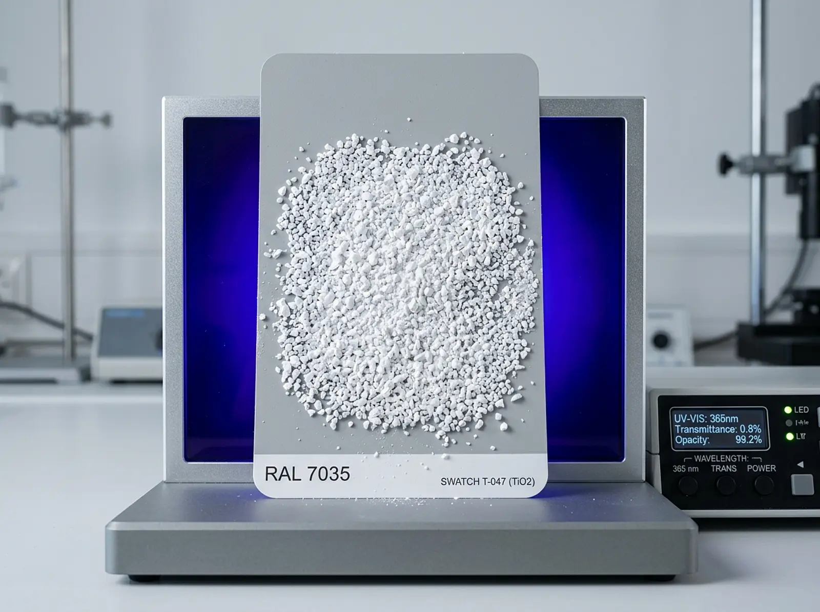 Close-up of titanium dioxide pigment granules on a paint swatch with a UV-lit panel behind.