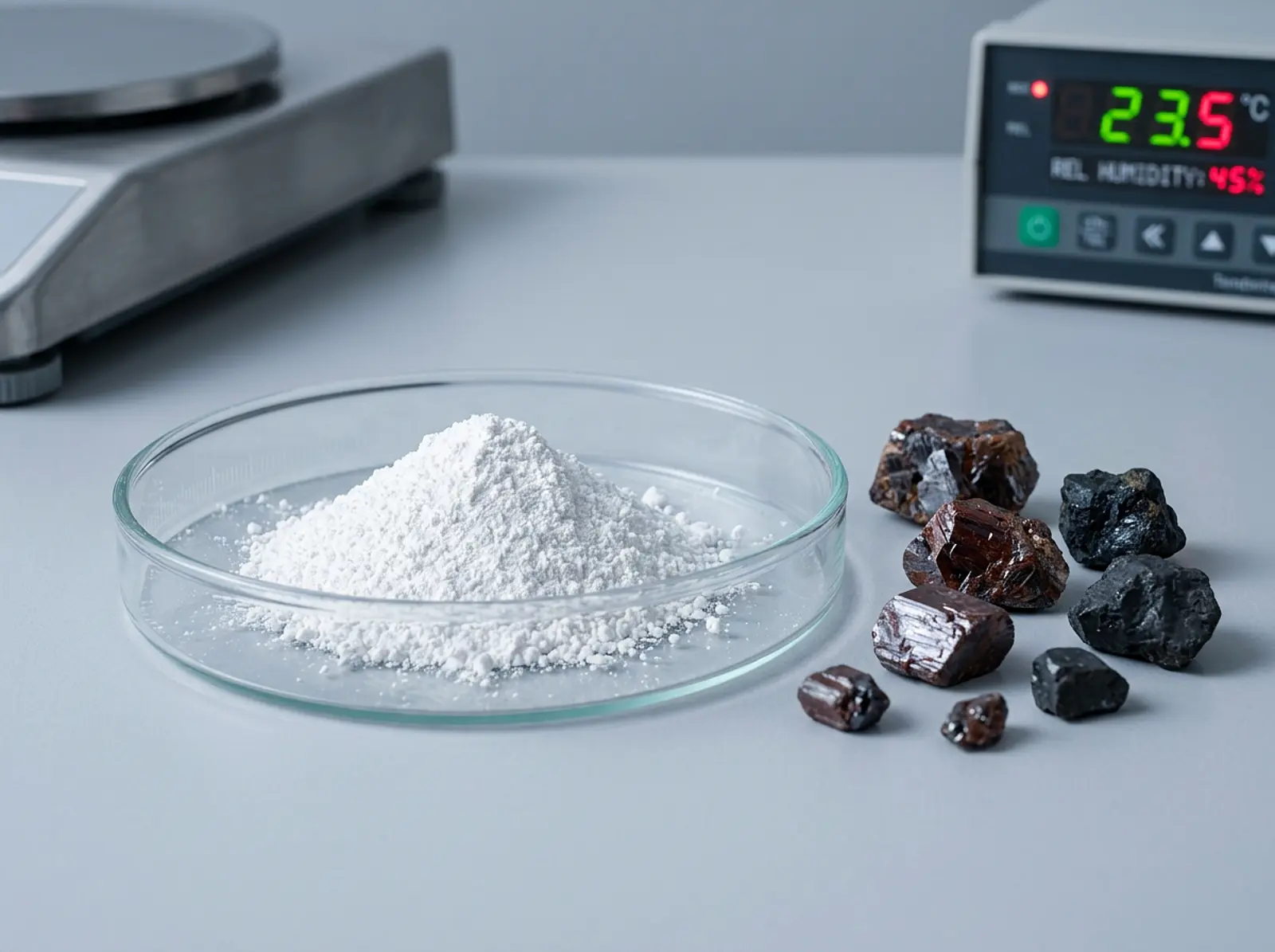 Close-up of a white, odorless powder in a glass dish next to titanium-rich mineral fragments.