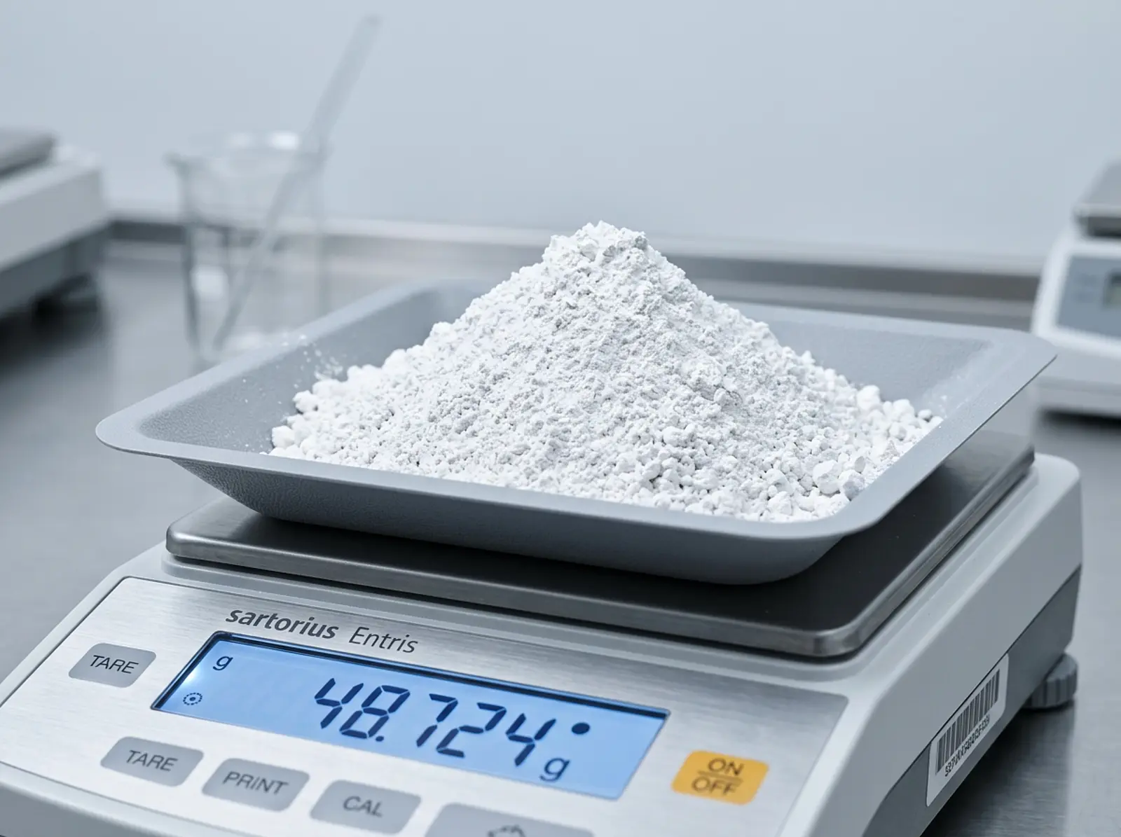 Macro shot of white titanium dioxide pigment particles in a clean studio.