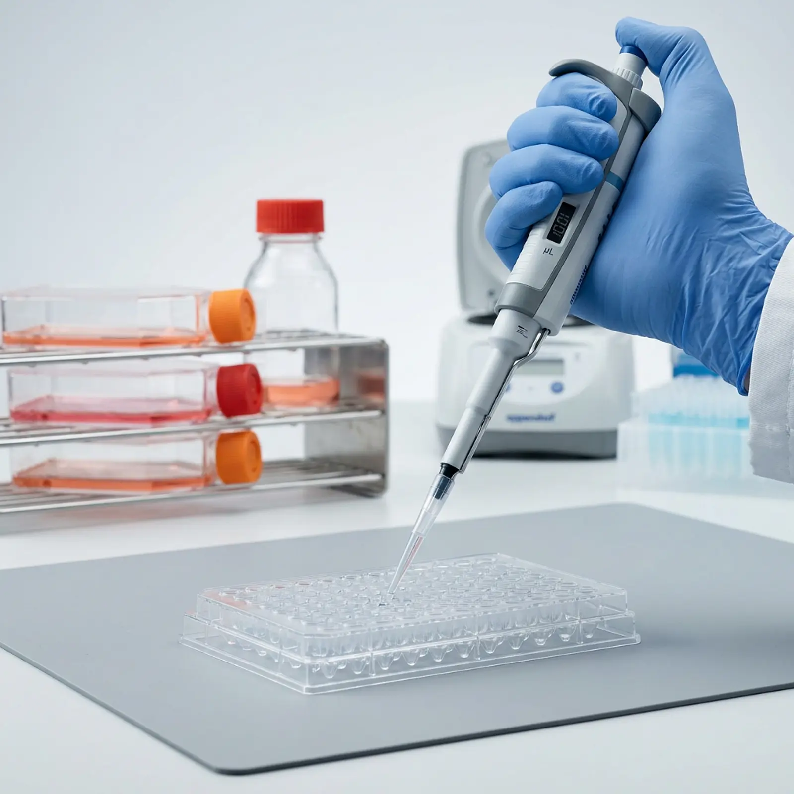 Laboratory researcher pipetting into multi-well plate in cool fluorescent studio setup, cell flasks background