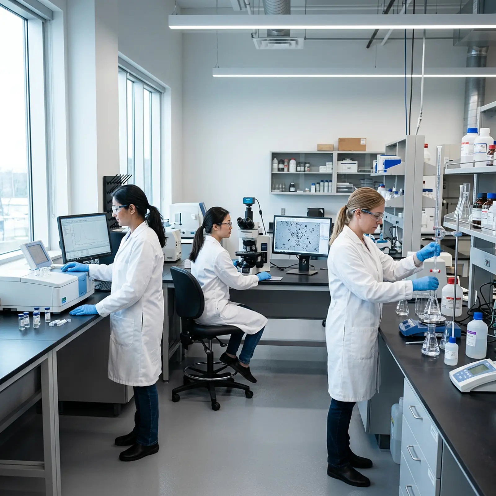 Scientists test titanium dioxide using a spectrometer, microscope, and titration setup.
