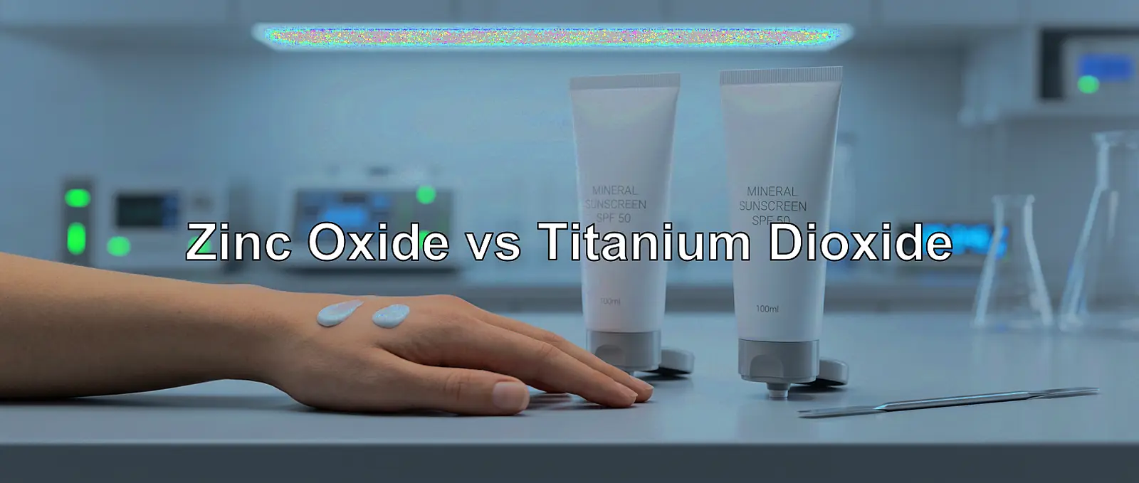 Two mineral sunscreen tubes side by side on a bathroom counter, hand comparing cream textures