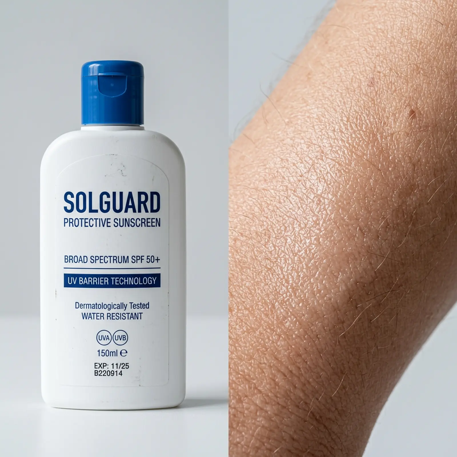 Macro shot: sunscreen bottle beside close-up of skin in clean, neutral-studio lighting.