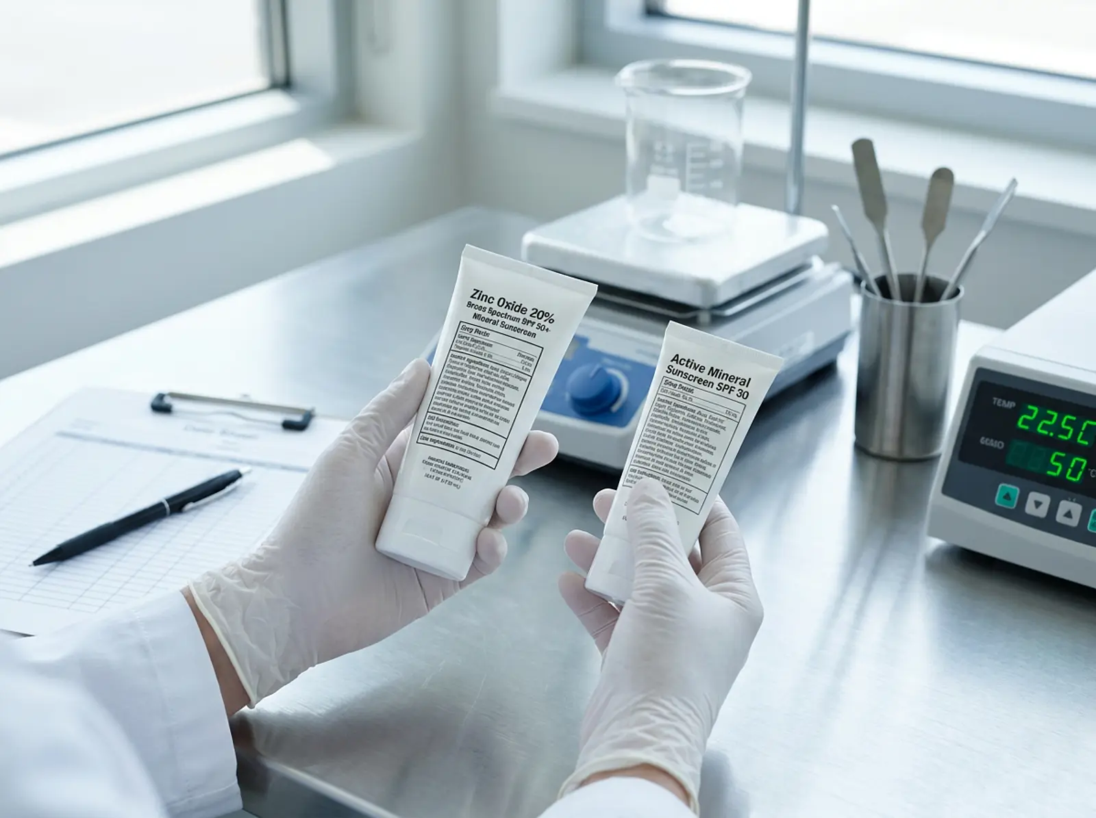 Specialist examining two mineral sunscreens in a clinical studio setting