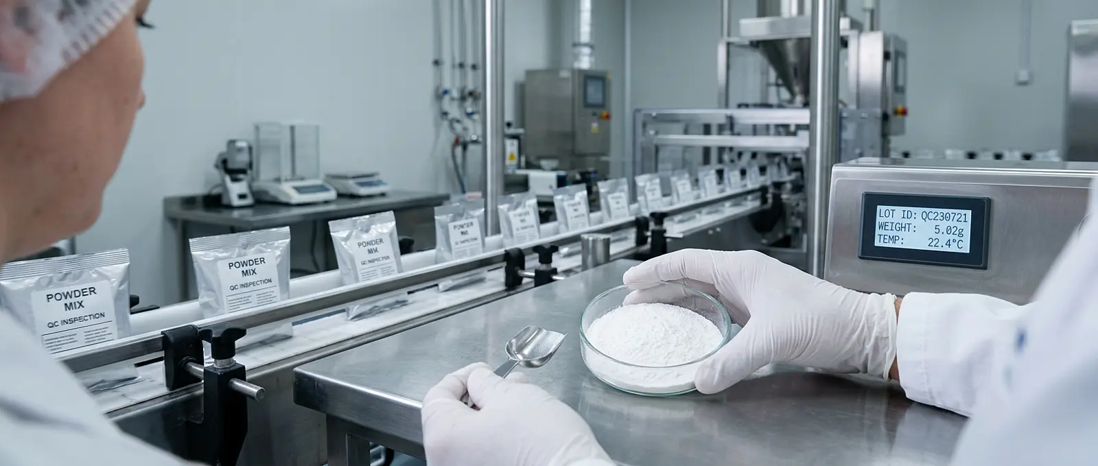 Gloved technician inspecting white powder sample beside packaged food production line