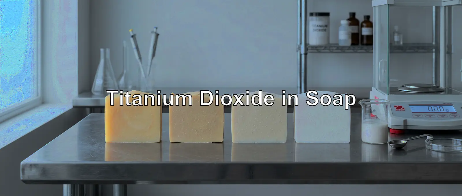 Soap bars in cream, beige, transparent, and white on a table; titanium dioxide color gradient.