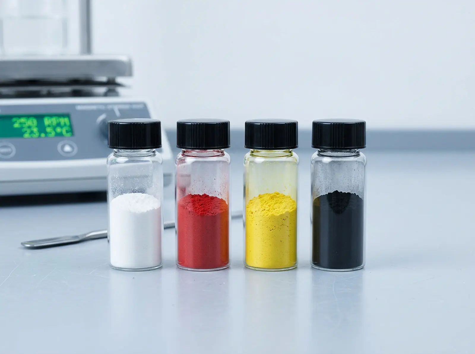 Four glass jars of white, red, yellow, and black powders on a lab bench