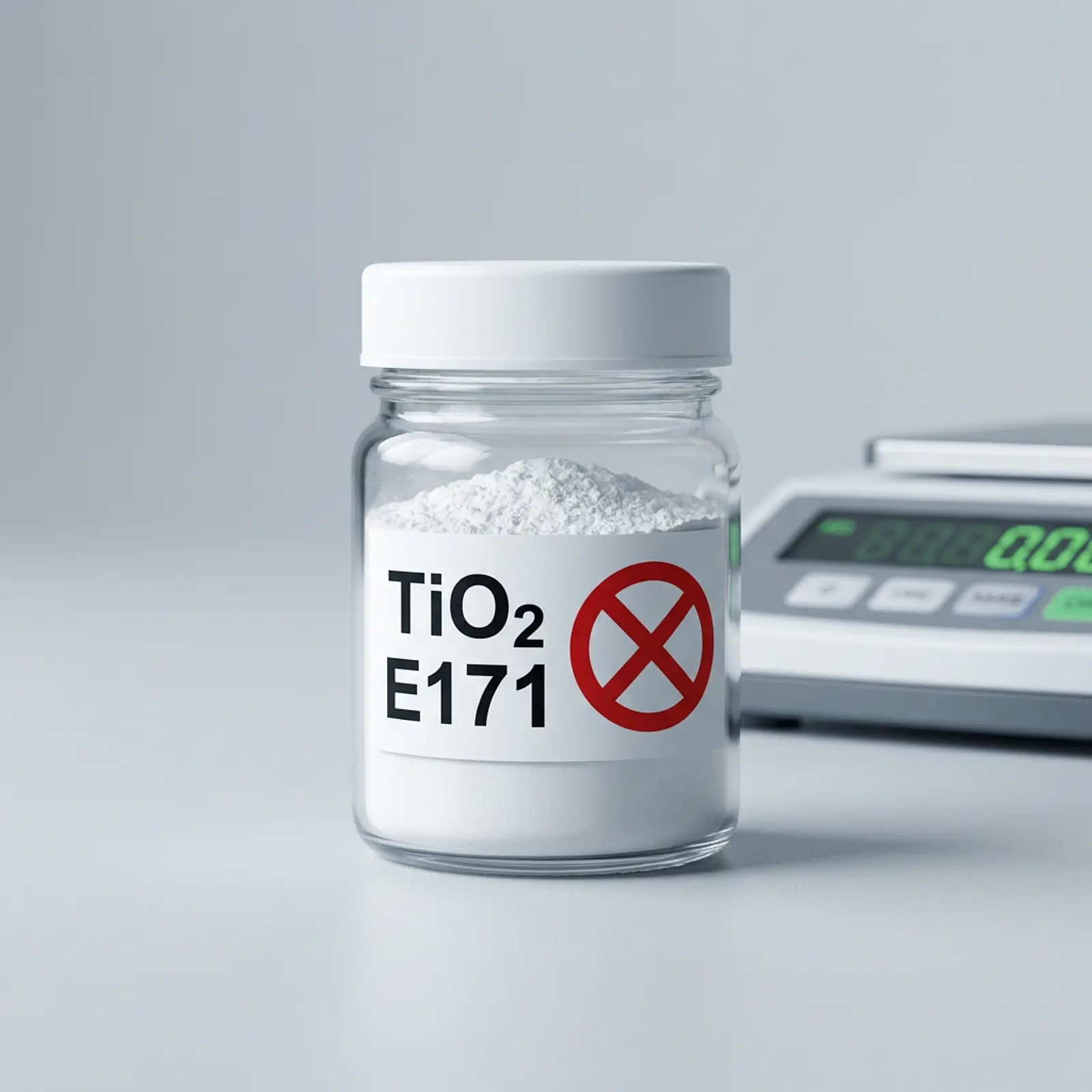 Macro shot of a jar labeled TiO2 E171 with a red prohibition symbol beside label on a plain surface