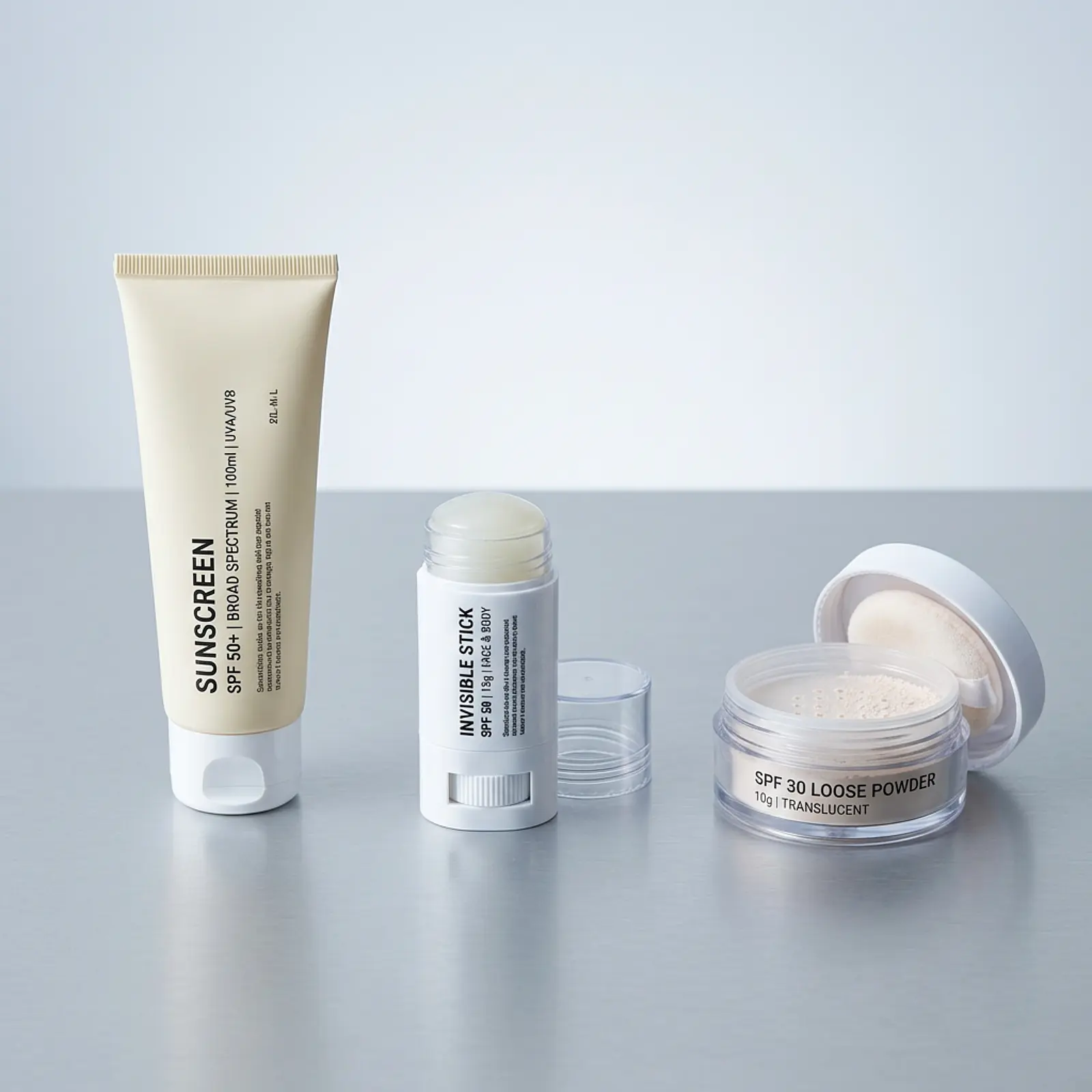 Product photography: cream sunscreen, sunscreen stick and powder container against a neutral background