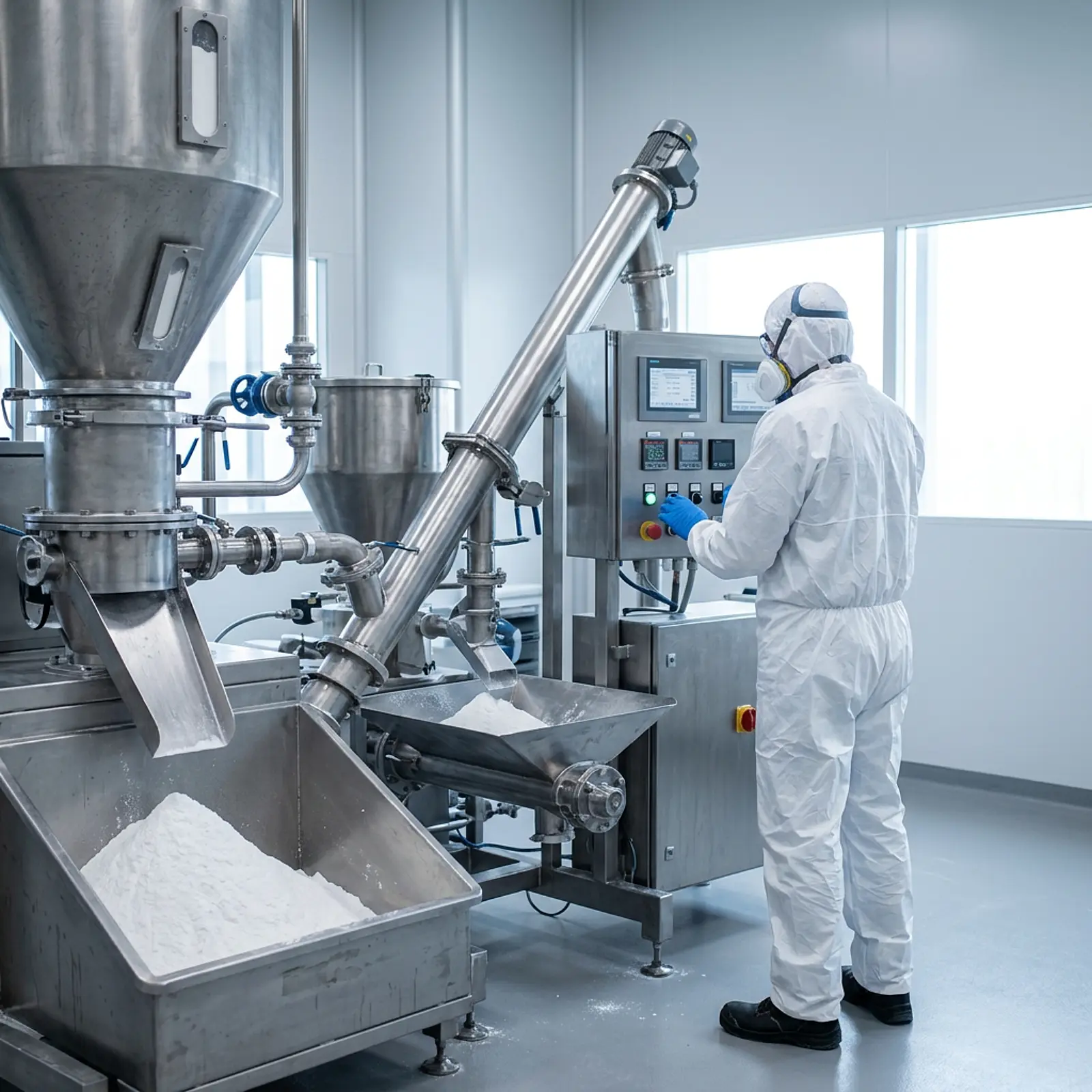 Industrial worker in protective gear next to powder-handling equipment