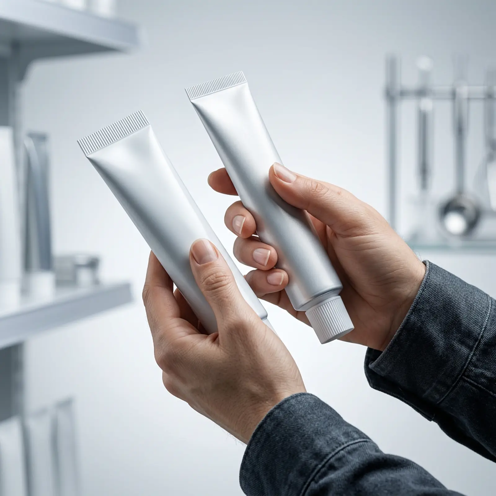 Customer calmly choosing between two unlabeled toothpaste tubes in a neutral studio setting.