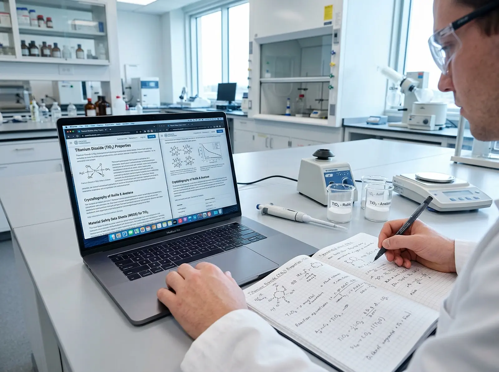 Person at a laptop with titanium dioxide information open, notebook alongside, cool studio look.