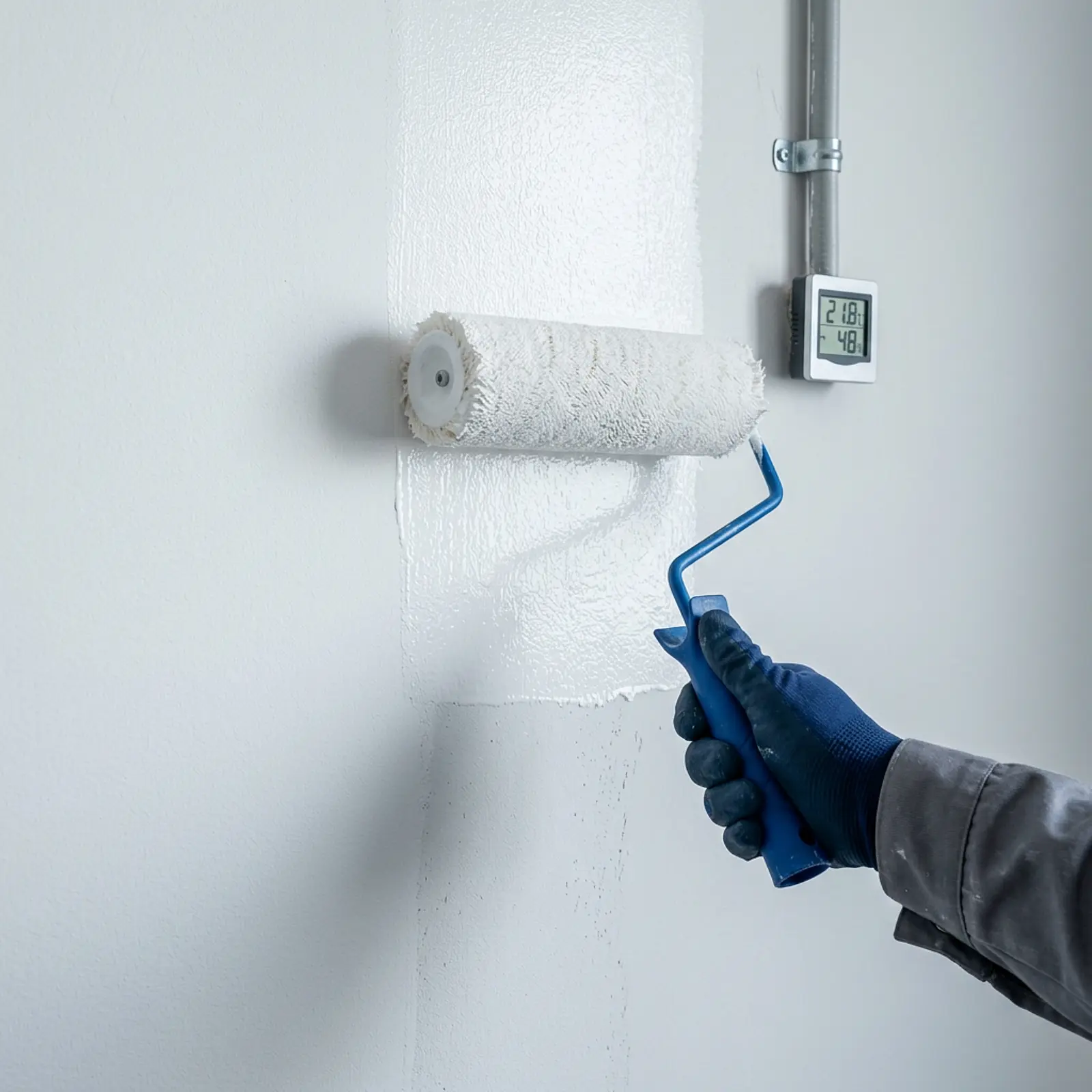 Painter applying white wall paint with roller in a clean photorealistic studio macro shot