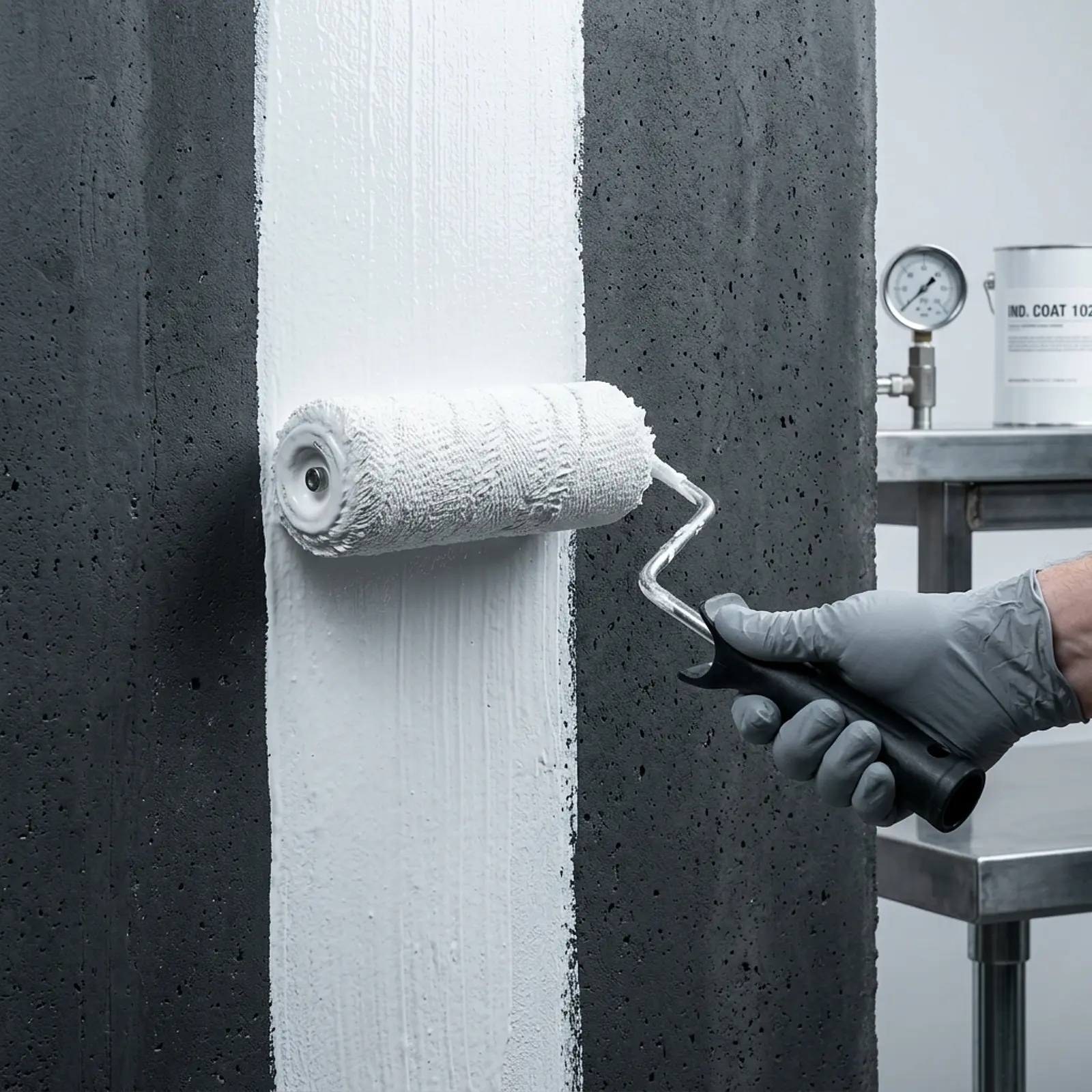 Macro shot of a paint roller applying white paint to a dark wall.