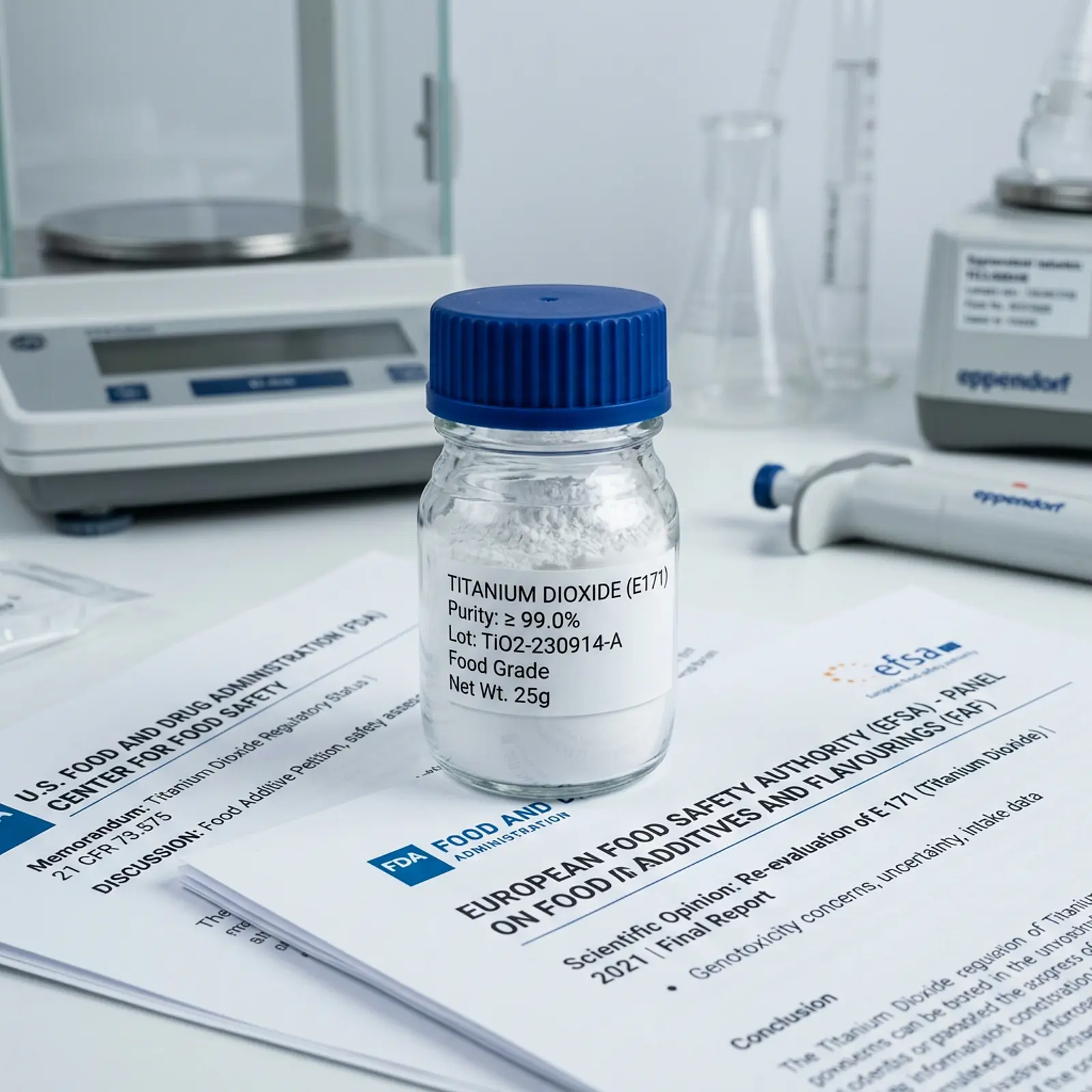 Close-up of a jar labeled Titanium Dioxide (E171) with white powder on FDA/EFSA documents.